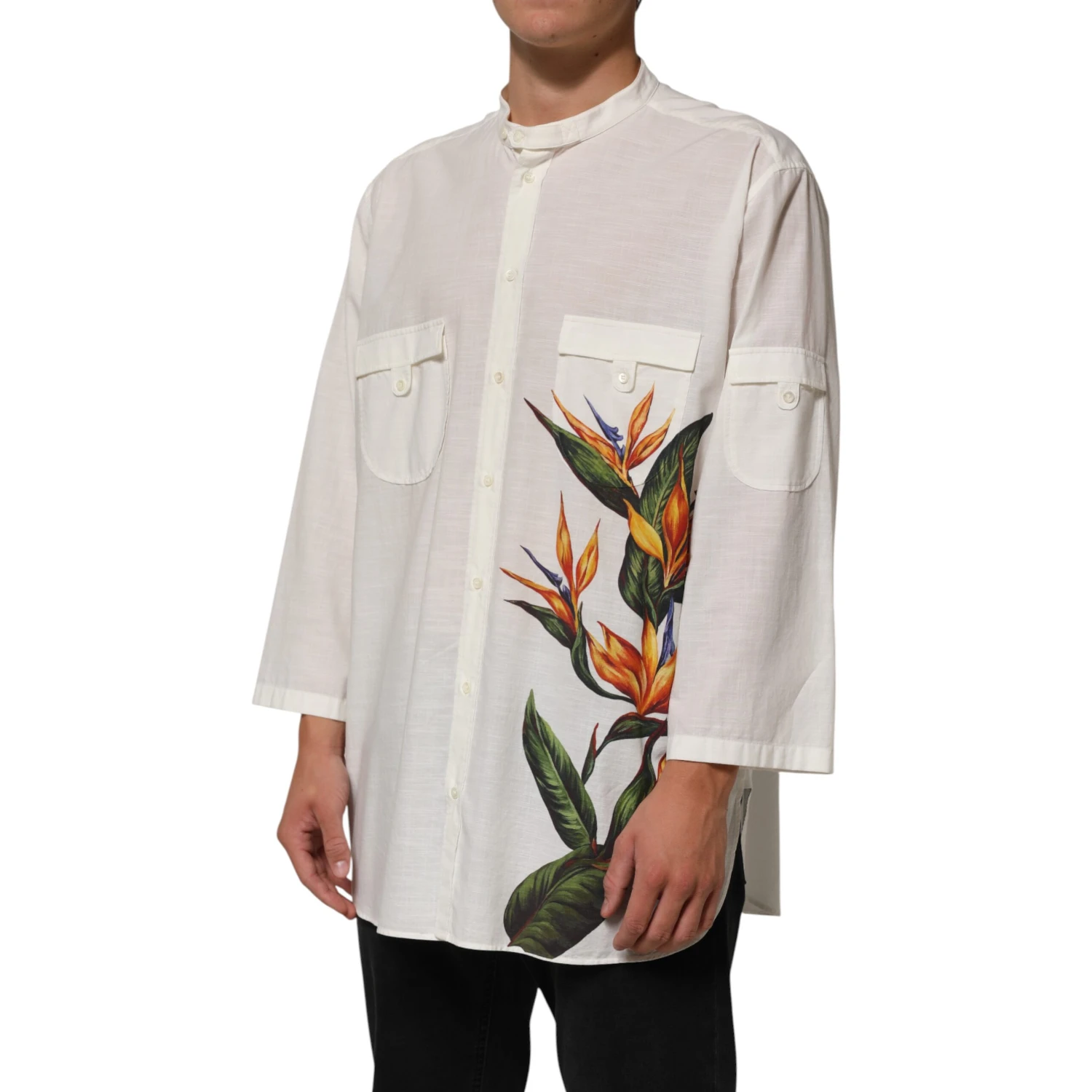 White Cotton Floral Print Button Down Shirt