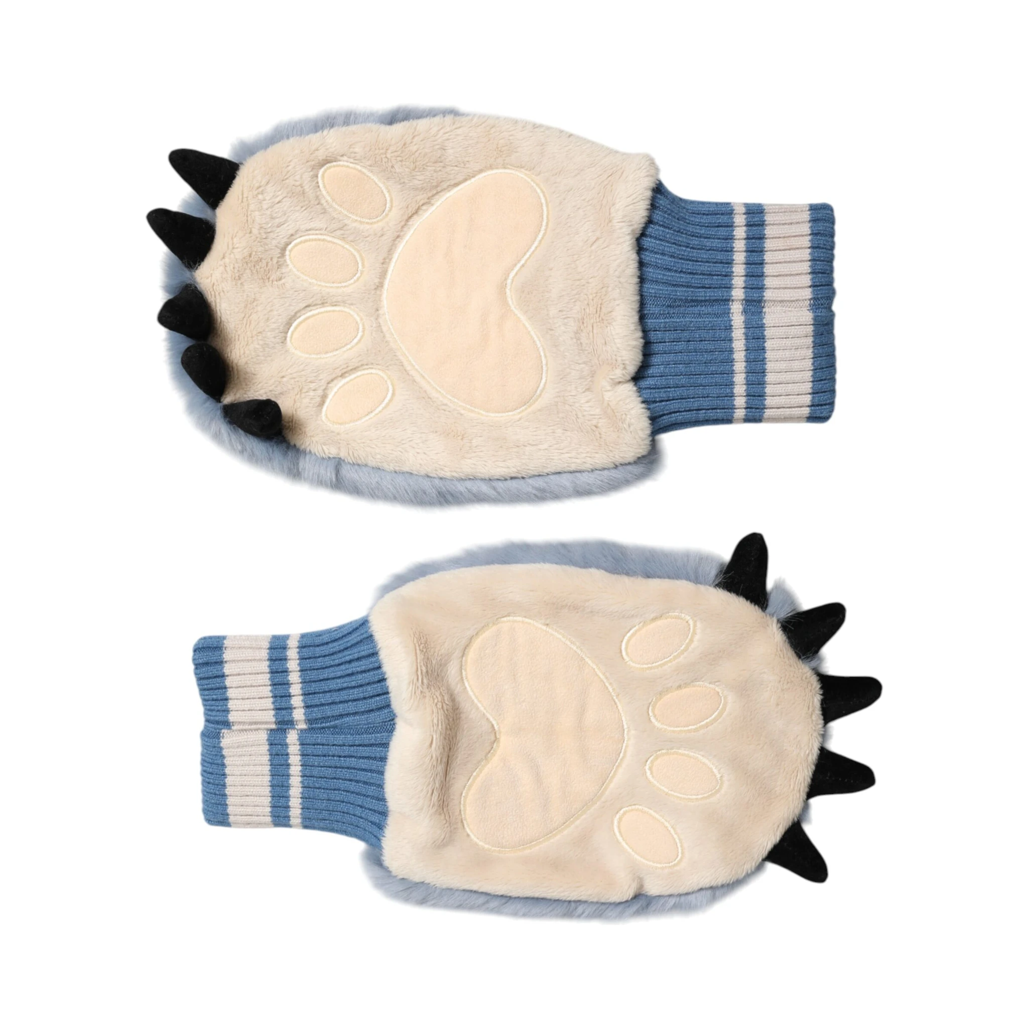 Blue Acrylic Knitted Fur Wrist Mitten Gloves