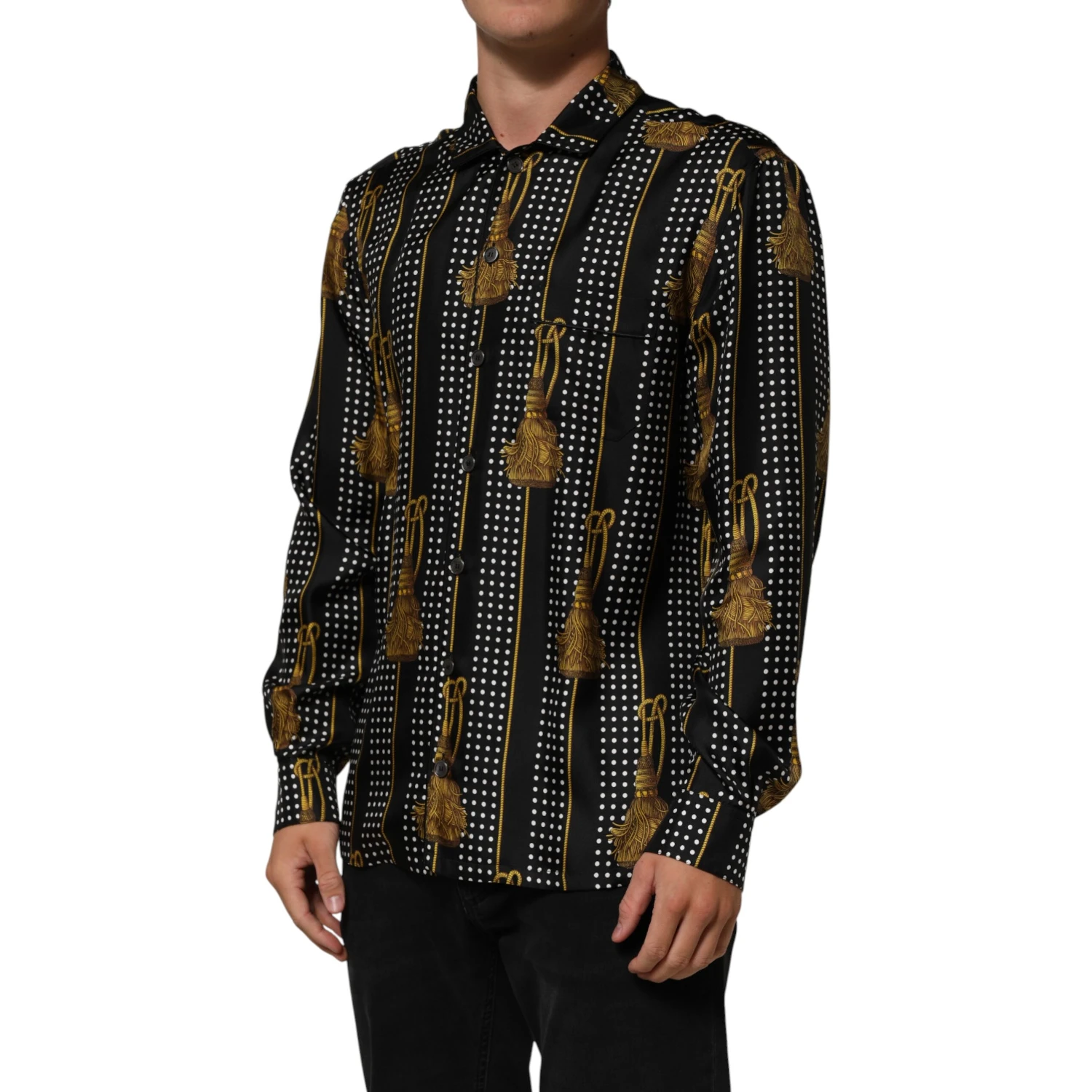 Black Dotted Tassel Silk Button Down Shirt