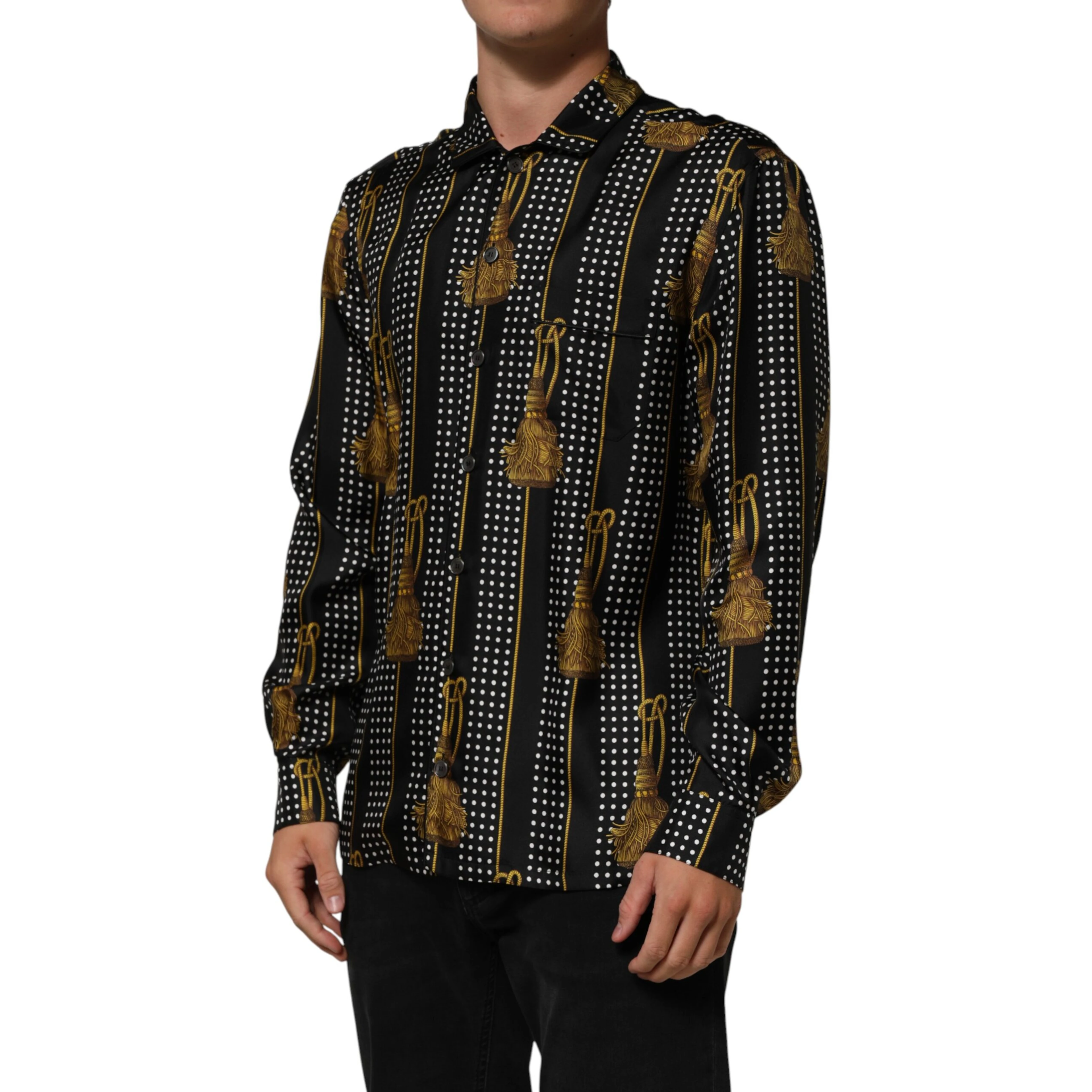 Black Dotted Tassel Silk Button Down Shirt