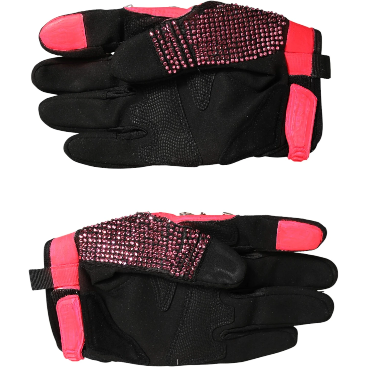 Black Pink Crystal Wrist Length Mitten Gloves