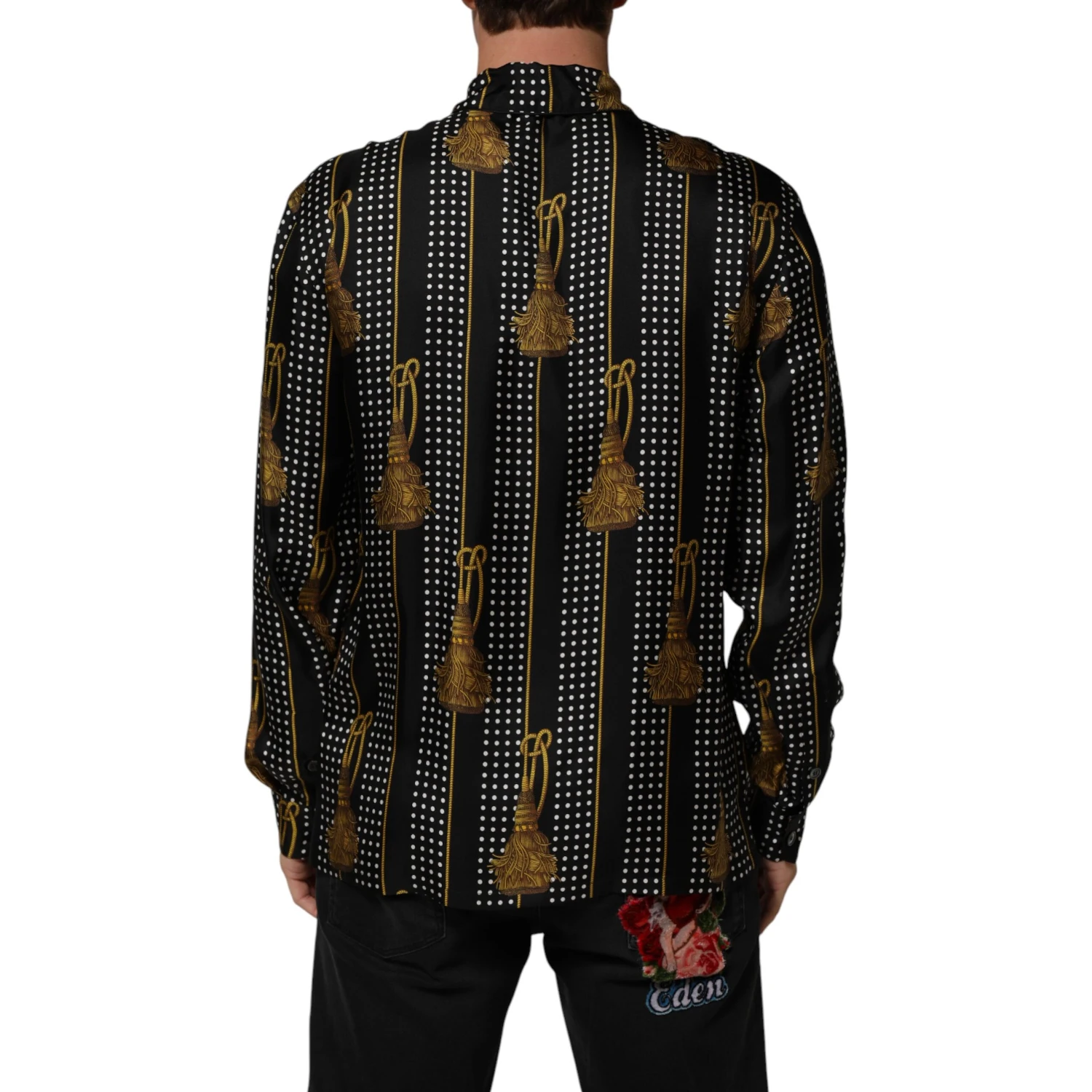 Black Dotted Tassel Silk Button Down Shirt