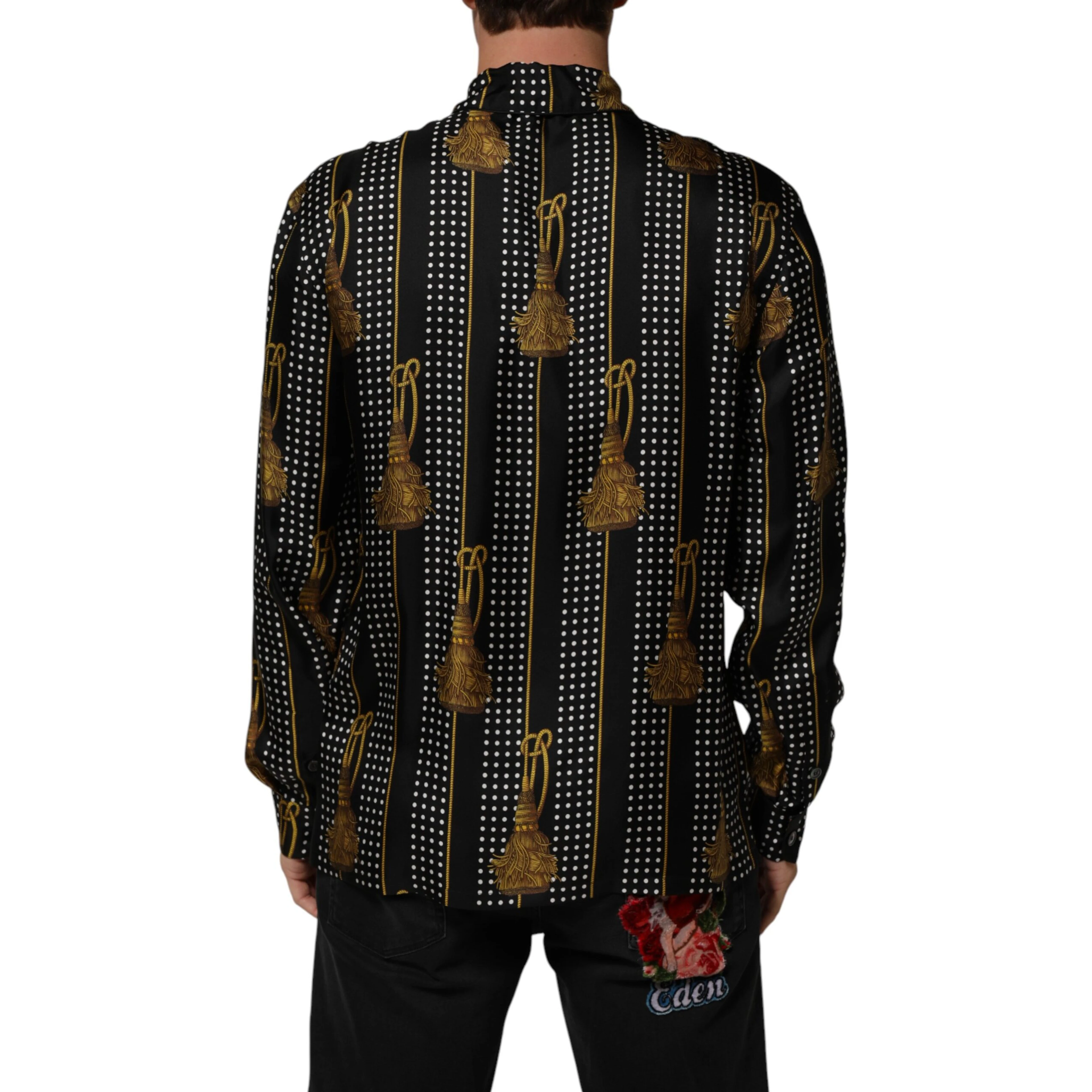 Black Dotted Tassel Silk Button Down Shirt