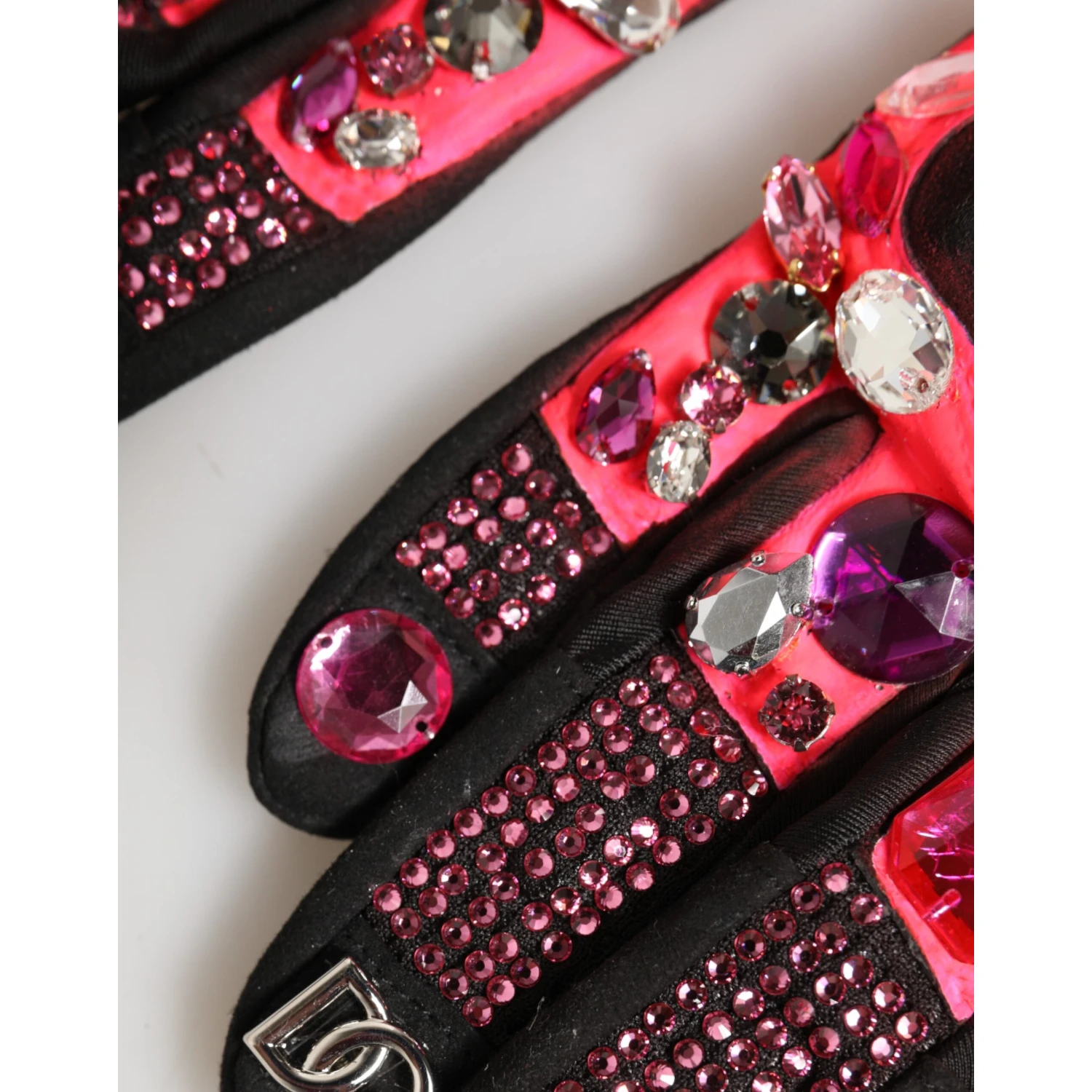 Black Pink Crystal Wrist Length Mitten Gloves
