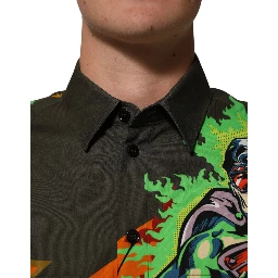 Brown Superhero Print Button Down Shirt