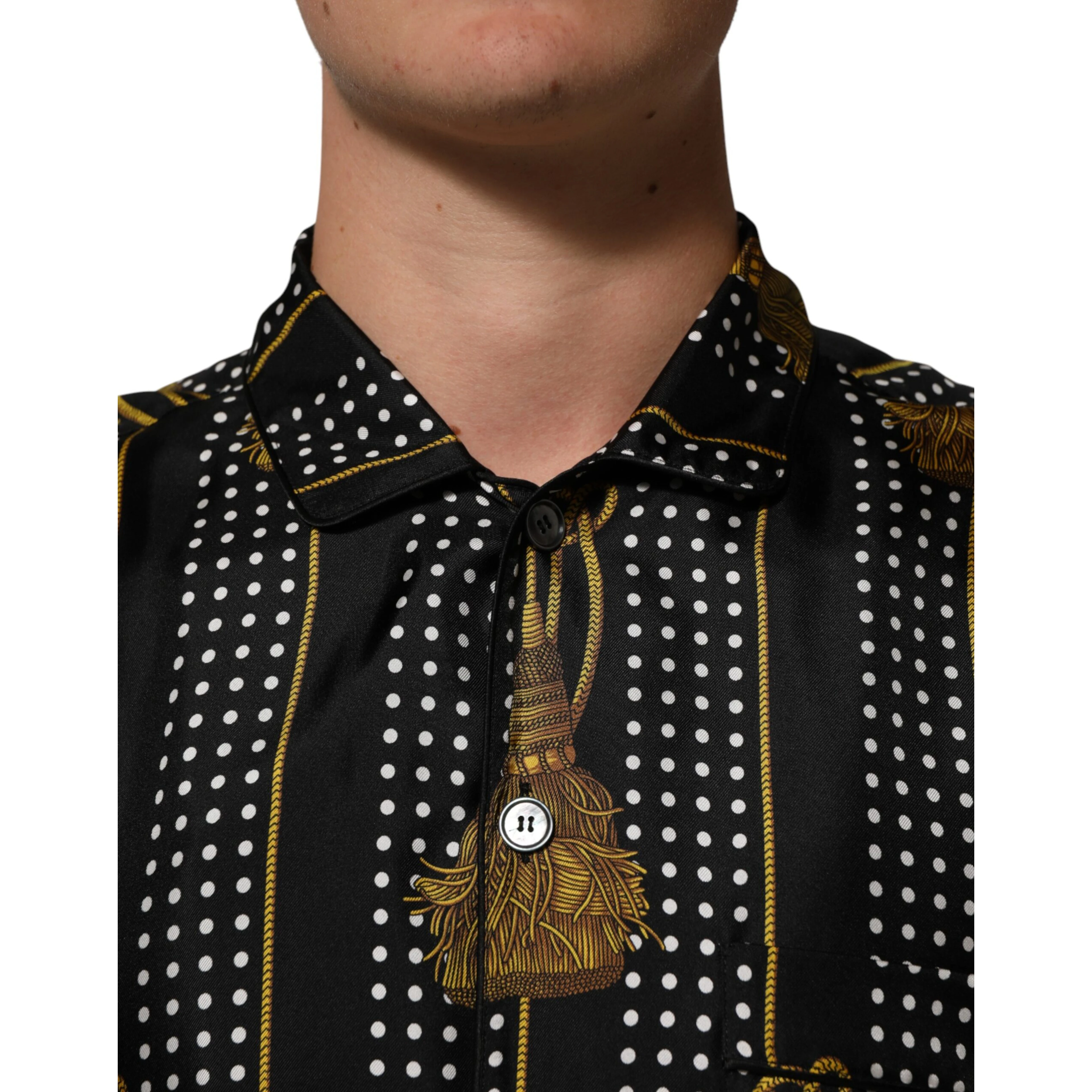 Black Dotted Tassel Silk Button Down Shirt