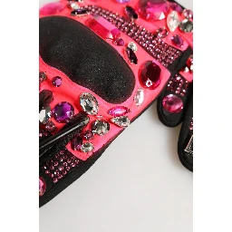 Black Pink Crystal Wrist Length Mitten Gloves