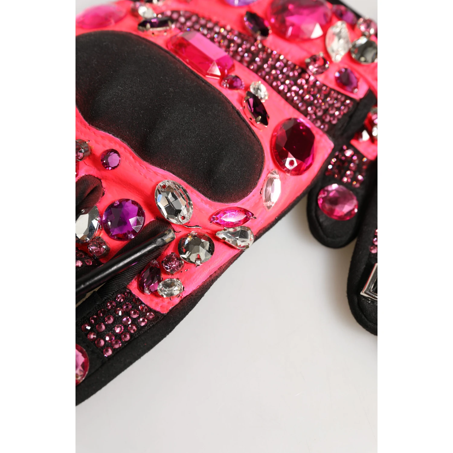 Black Pink Crystal Wrist Length Mitten Gloves