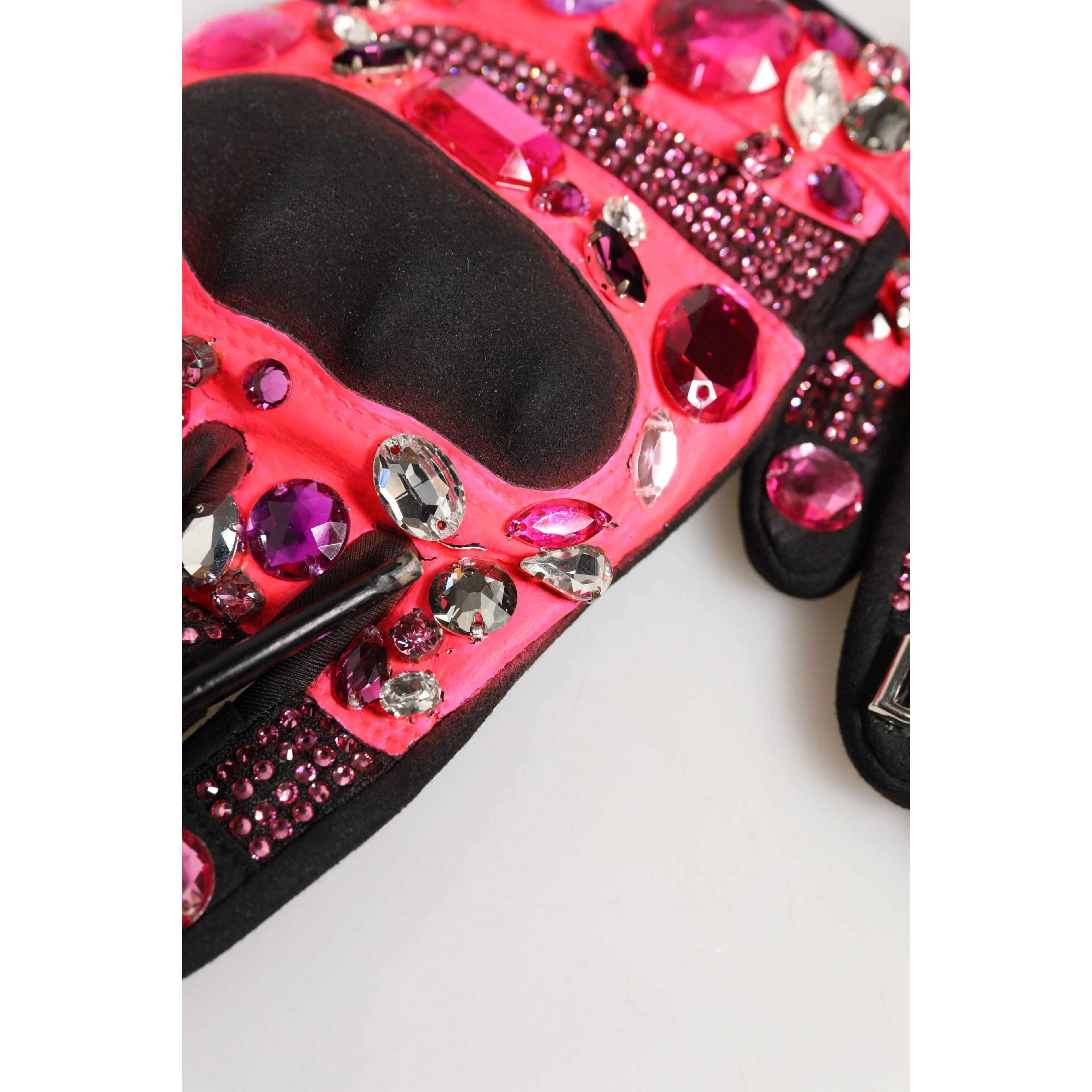 Black Pink Crystal Wrist Length Mitten Gloves