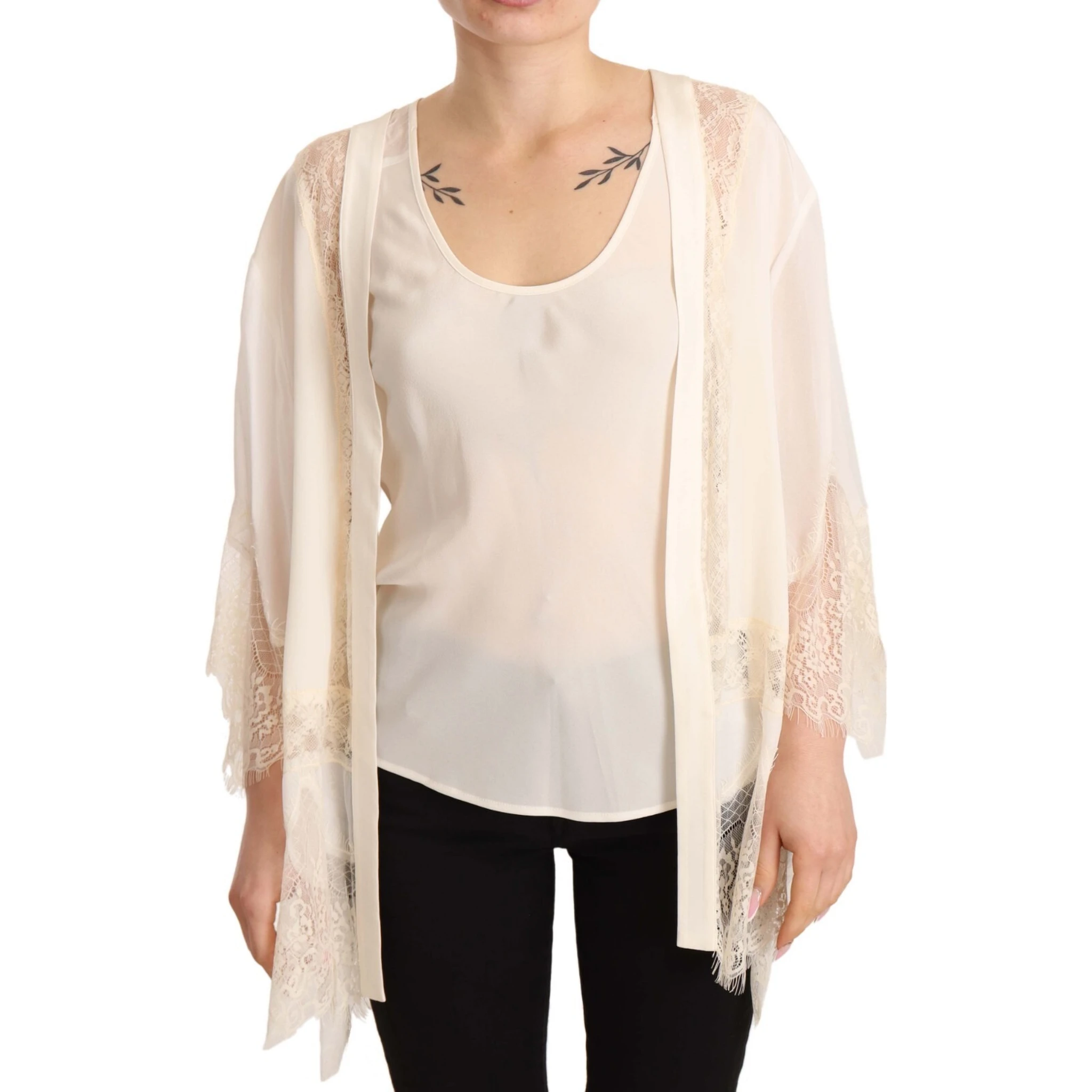 Off White Tank Lace Trim Cardigan Women Blouse Tops