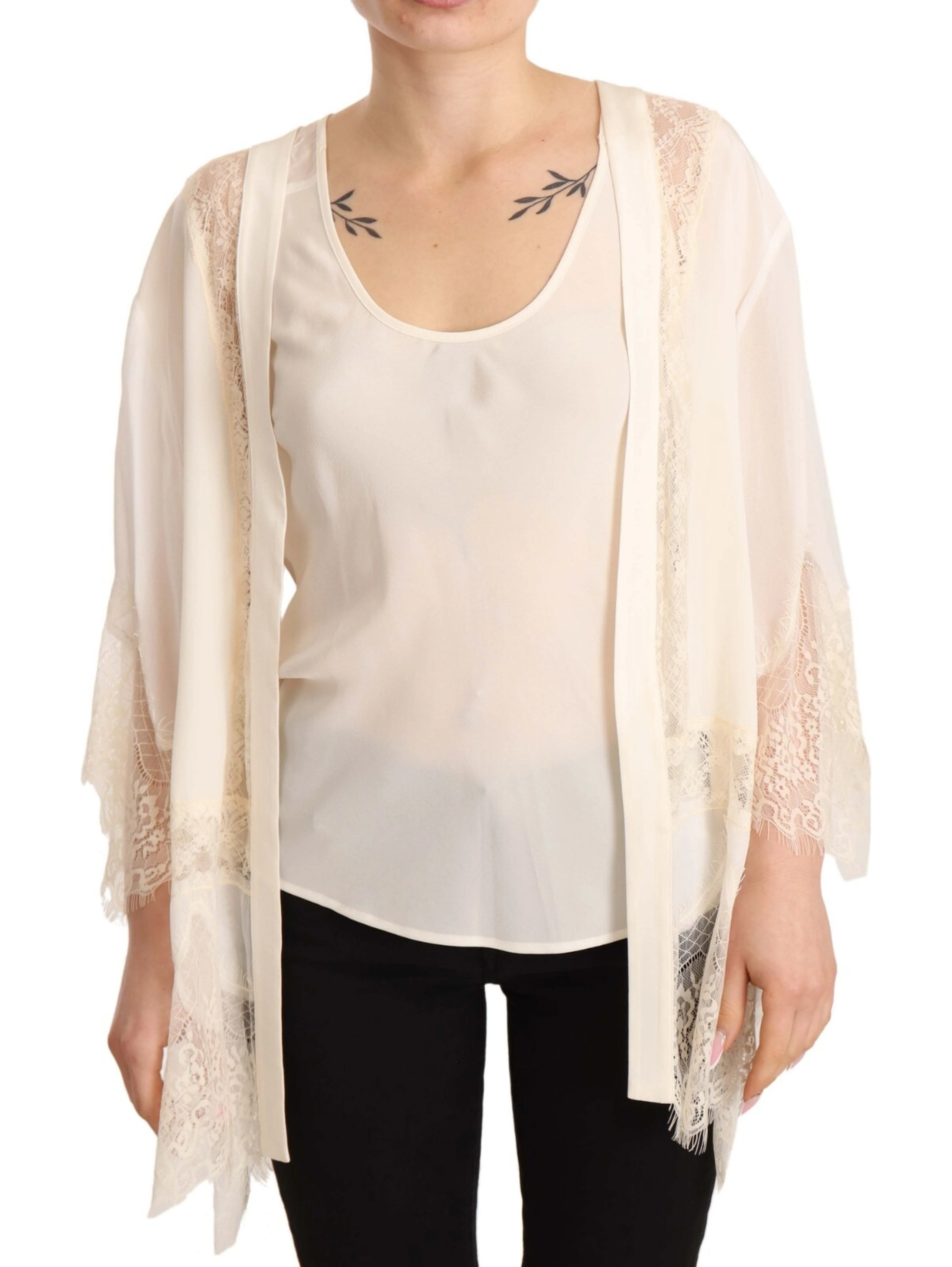 Off White Tank Lace Trim Cardigan Women Blouse Tops