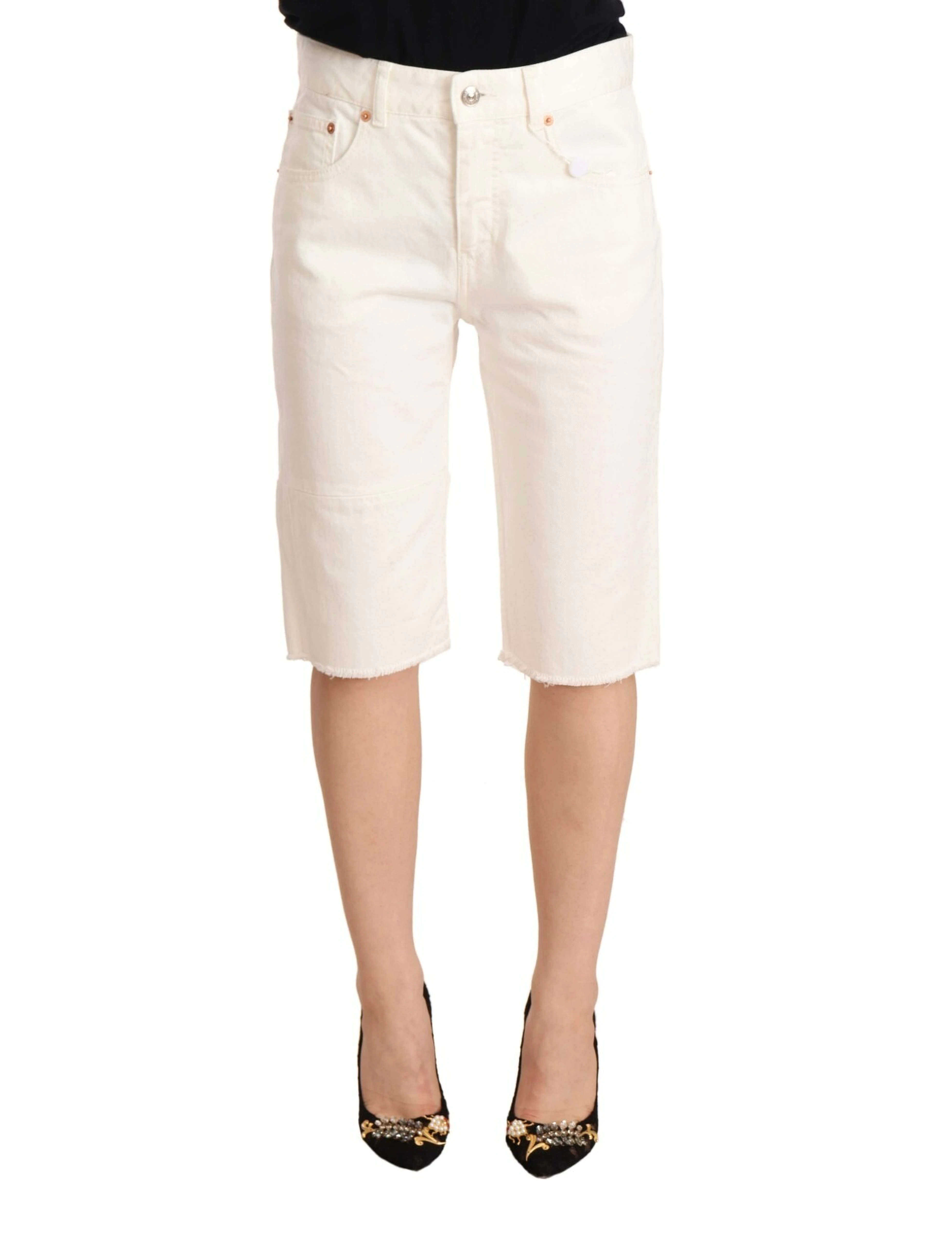 White Mid Waist Knee Length Bermuda Shorts
