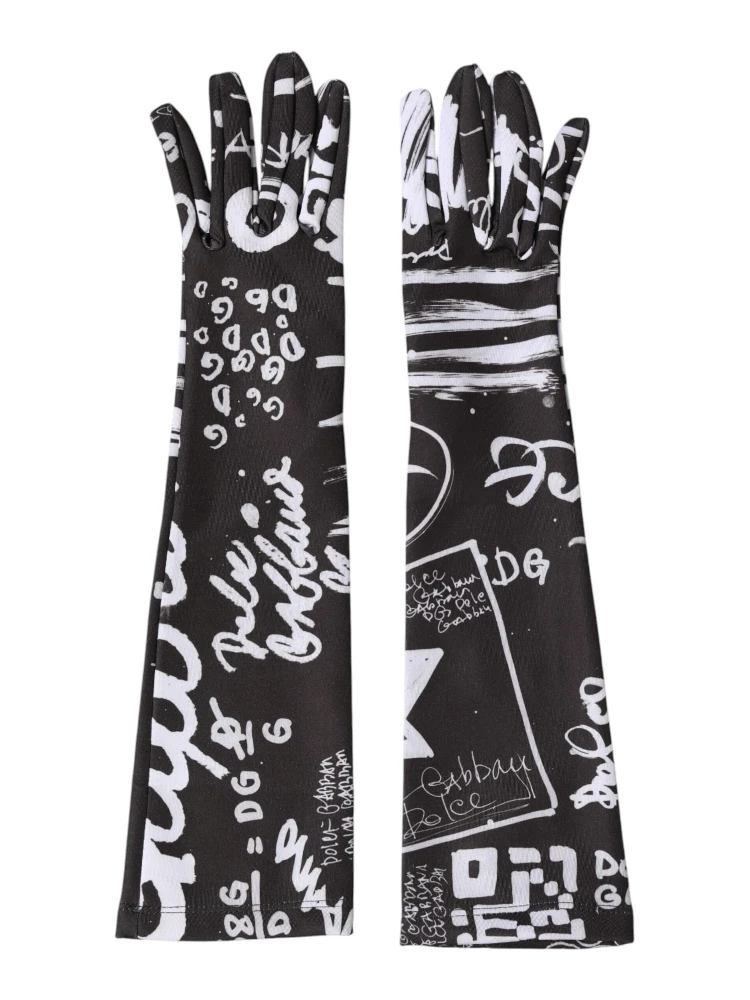 Black White DG Logo Elbow Length Mitten Gloves
