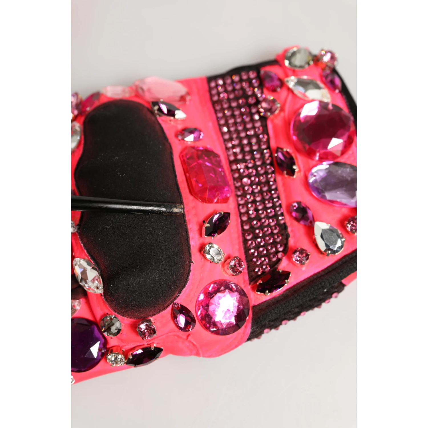 Black Pink Crystal Wrist Length Mitten Gloves