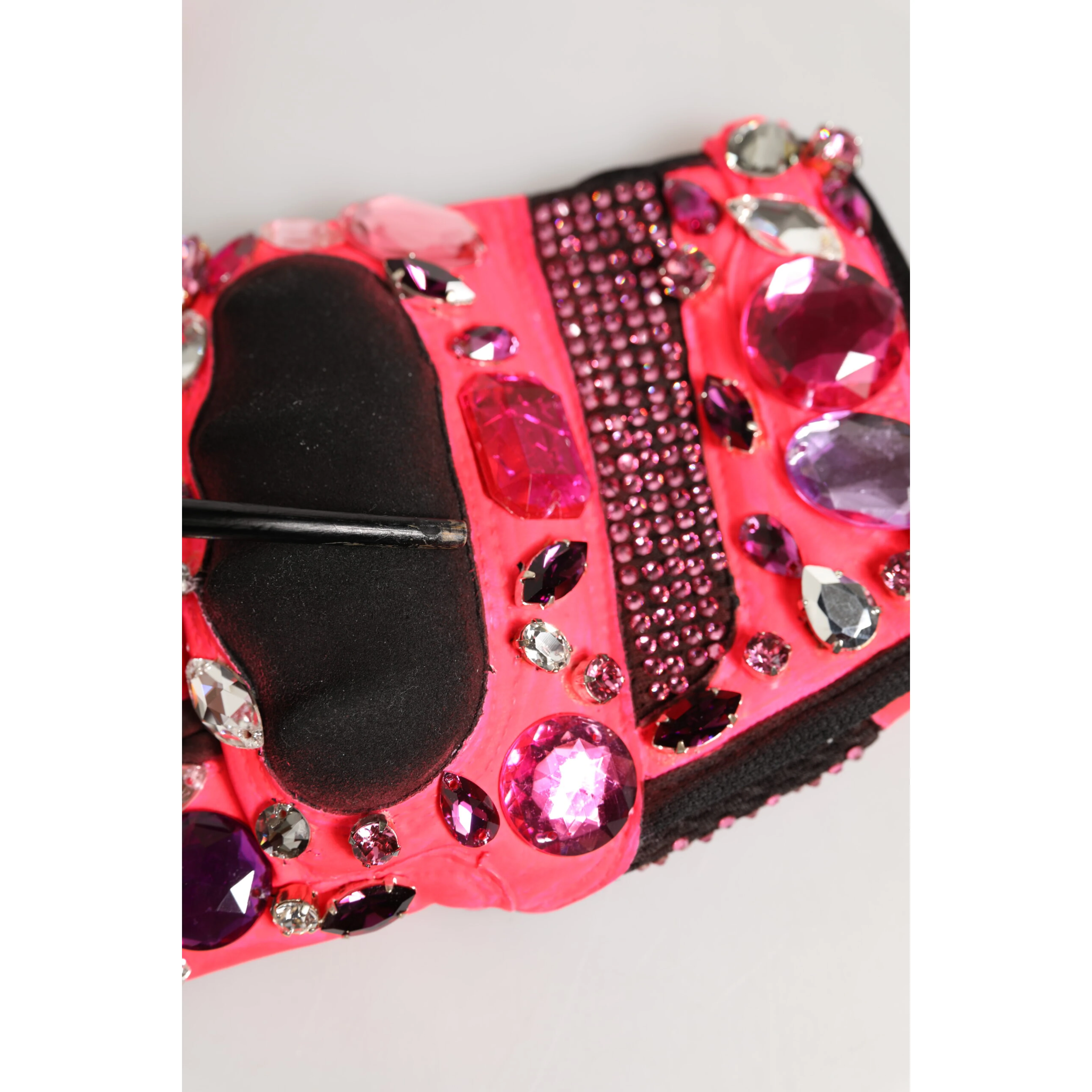Black Pink Crystal Wrist Length Mitten Gloves