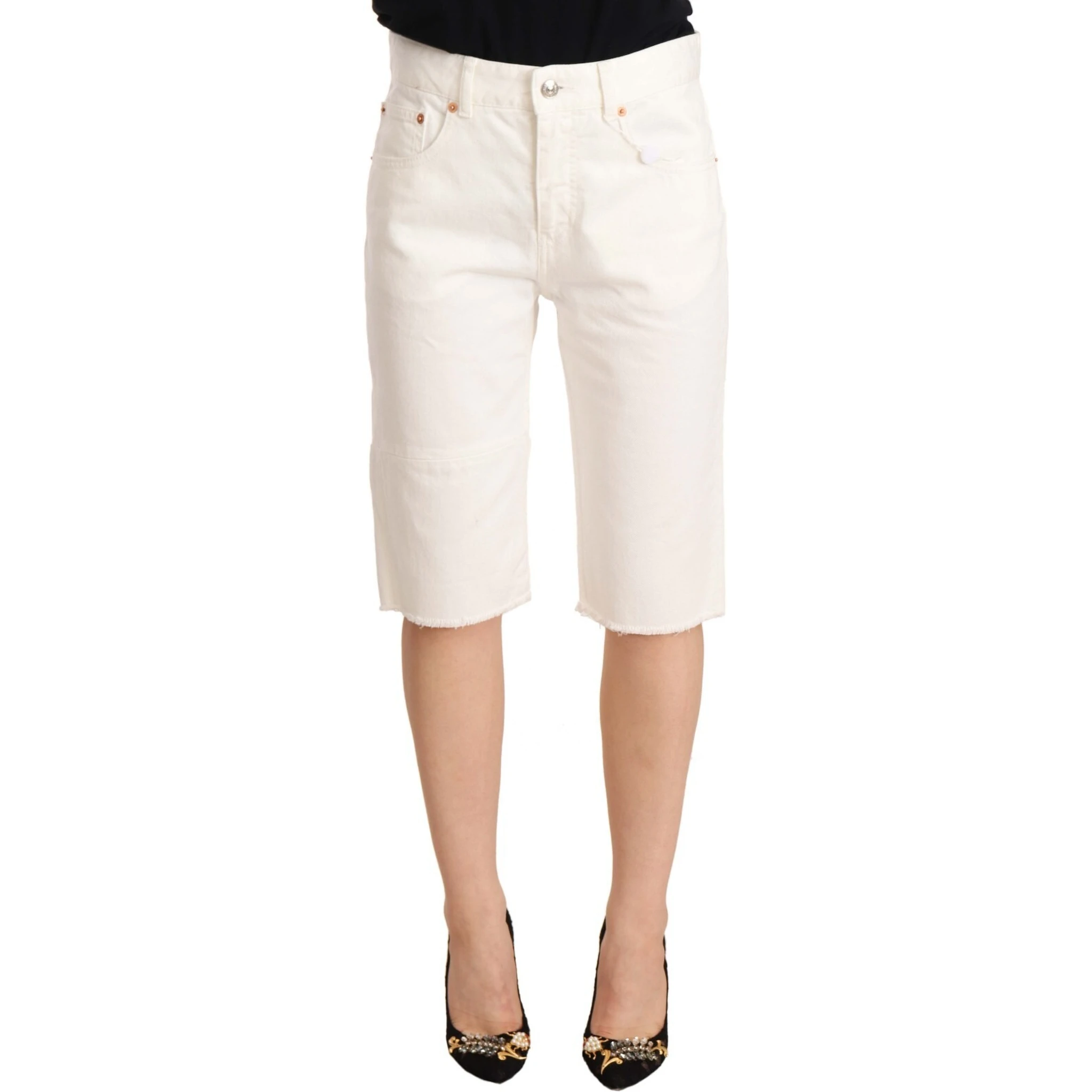 White Mid Waist Knee Length Bermuda Shorts