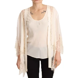 Off White Tank Lace Trim Cardigan Women Blouse Tops