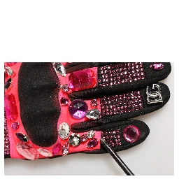 Black Pink Crystal Wrist Length Mitten Gloves