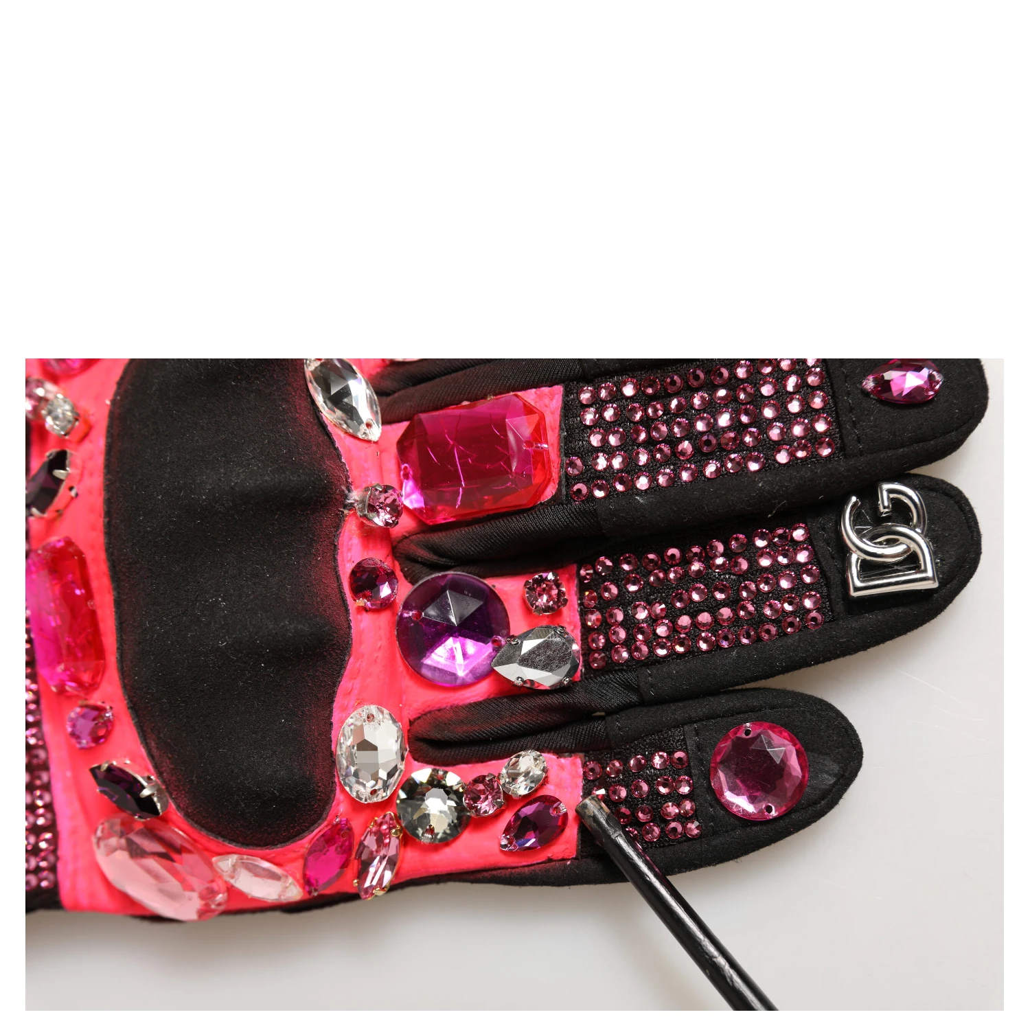 Black Pink Crystal Wrist Length Mitten Gloves