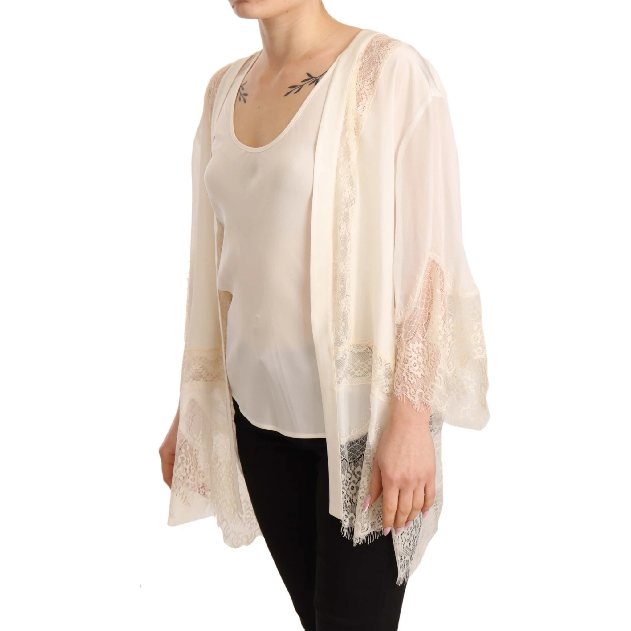 Off White Tank Lace Trim Cardigan Women Blouse Tops