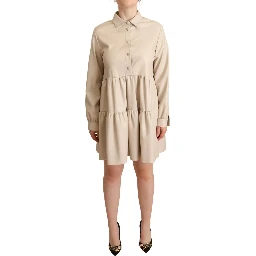 Leather Beige Long Sleeves Collared A-line Mini  Dress