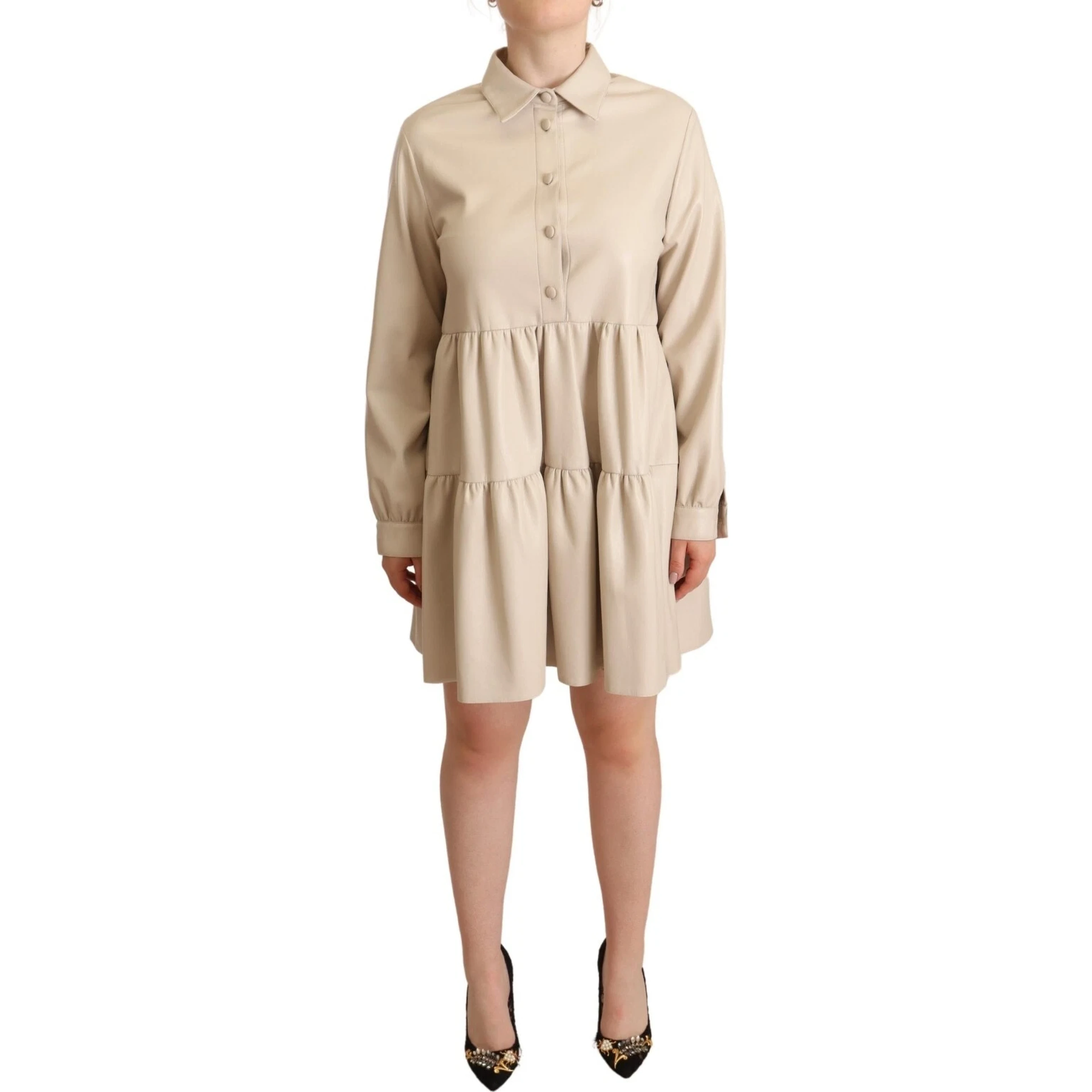 Leather Beige Long Sleeves Collared A-line Mini Dress