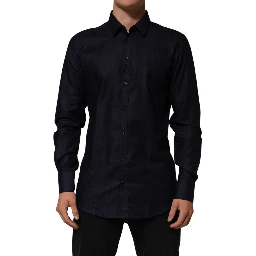 Blue Cotton Collared Long Sleeve GOLD Men Dress Shirt