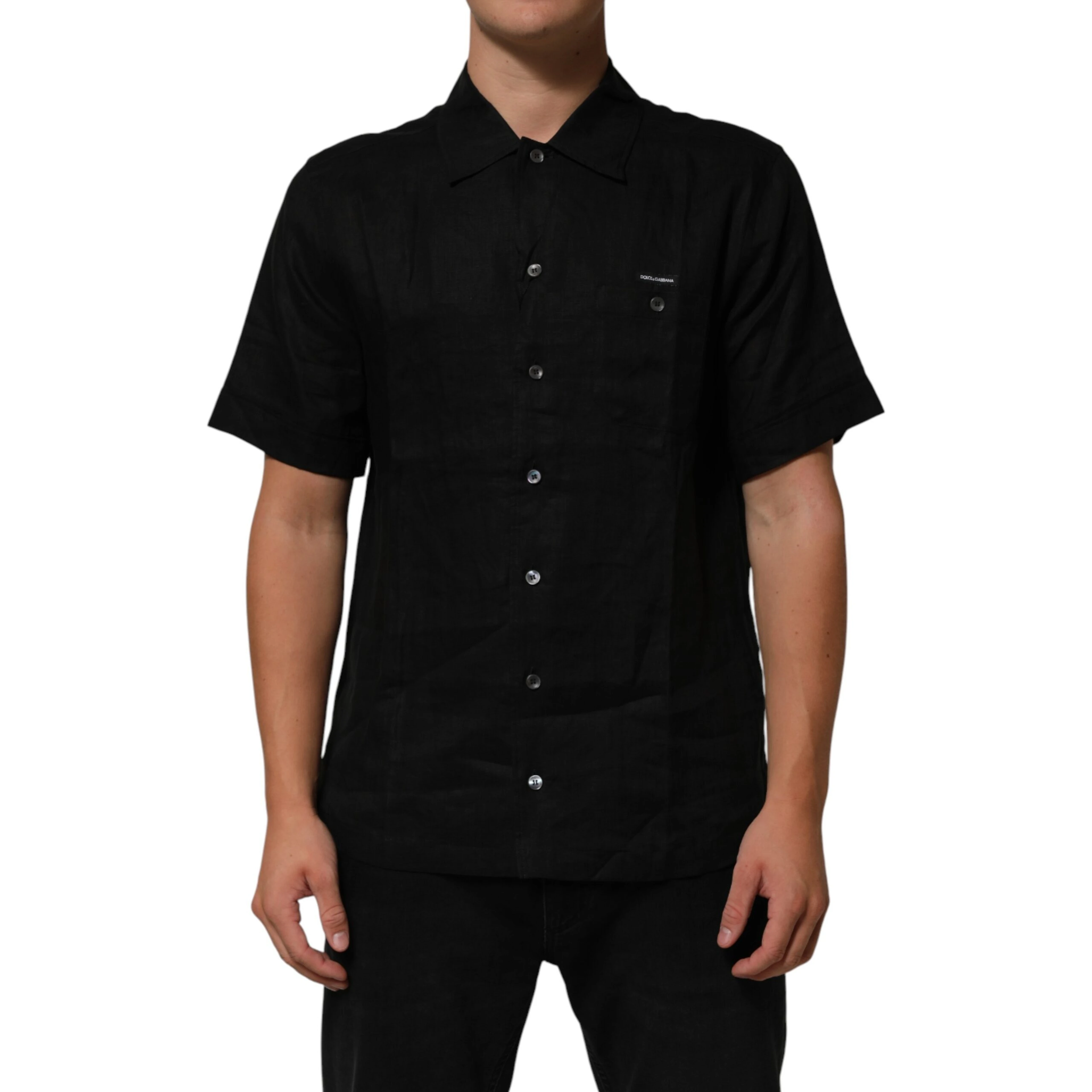 Black Linen Collared Short Sleeve Polo Shirt