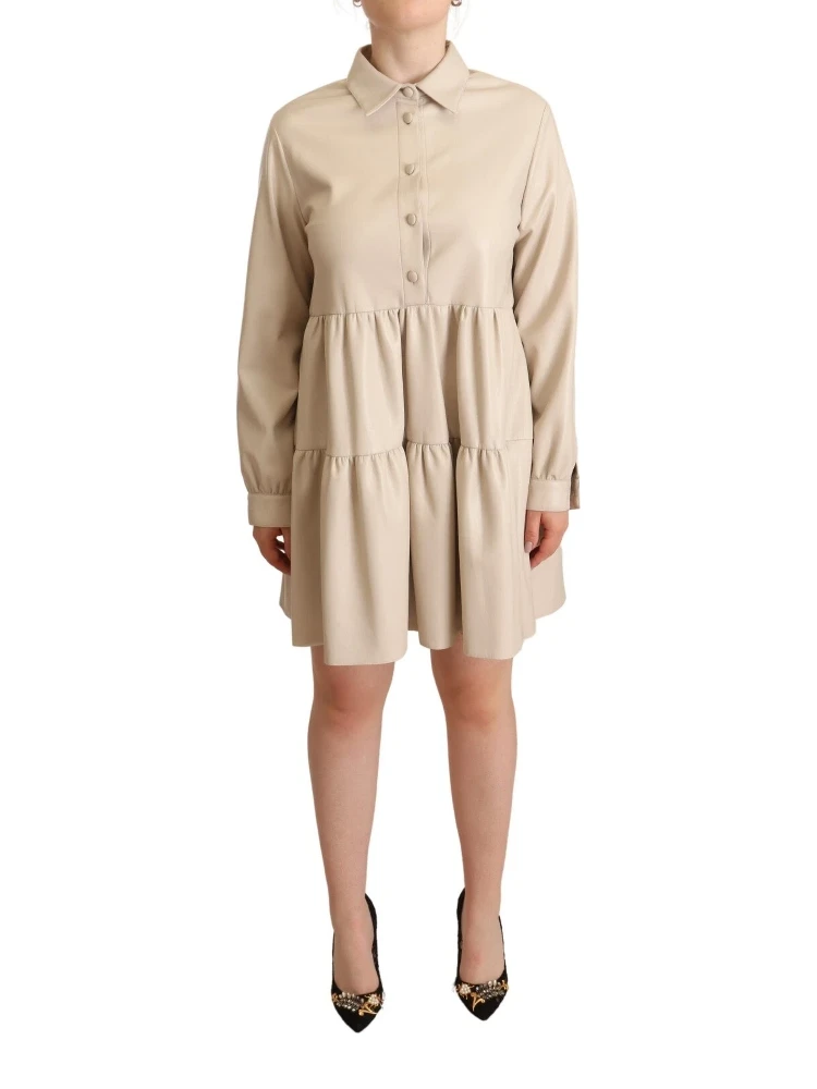 Leather Beige Long Sleeves Collared A-line Mini  Dress alternative