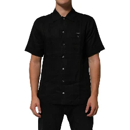Black Linen Collared Short Sleeve Polo Shirt