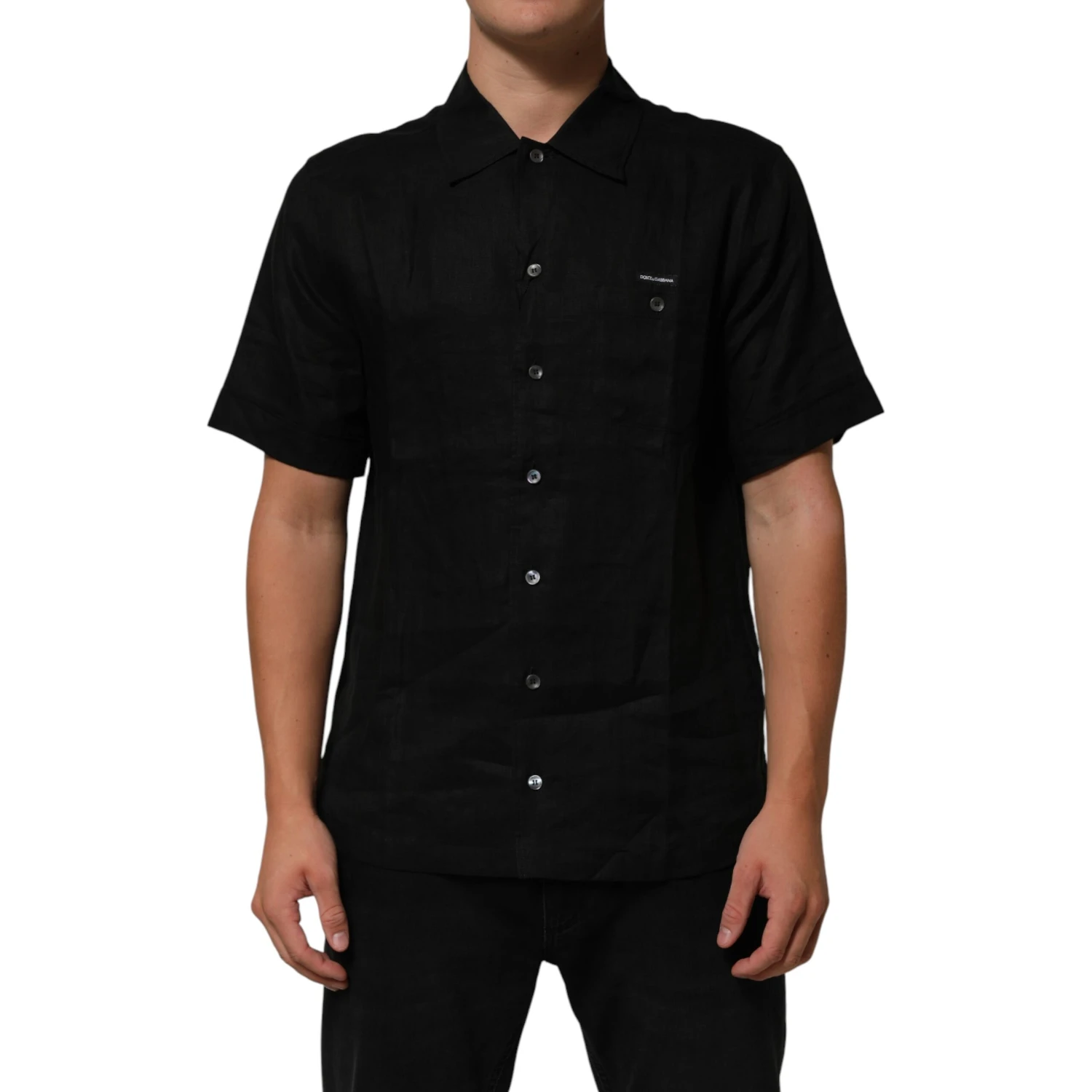 Black Linen Collared Short Sleeve Polo Shirt