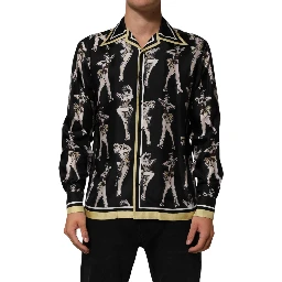 Black Silk Pin Up Printed Button Down Shirt