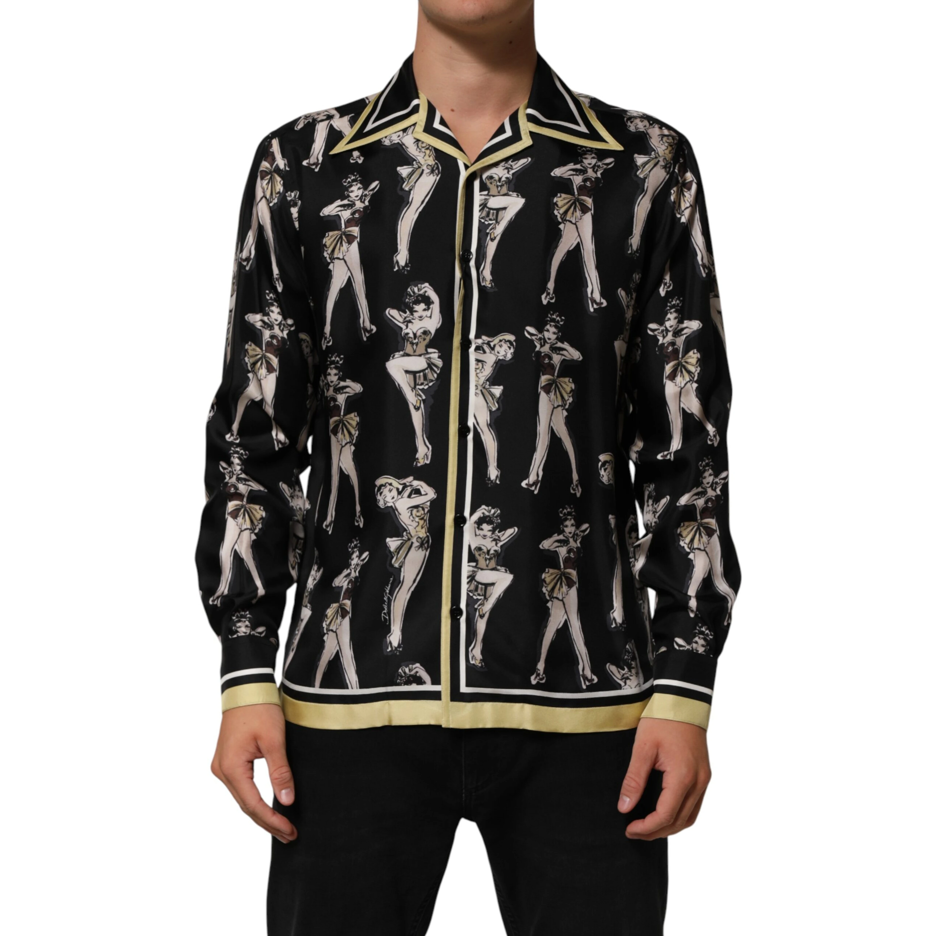 Black Silk Pin Up Printed Button Down Shirt