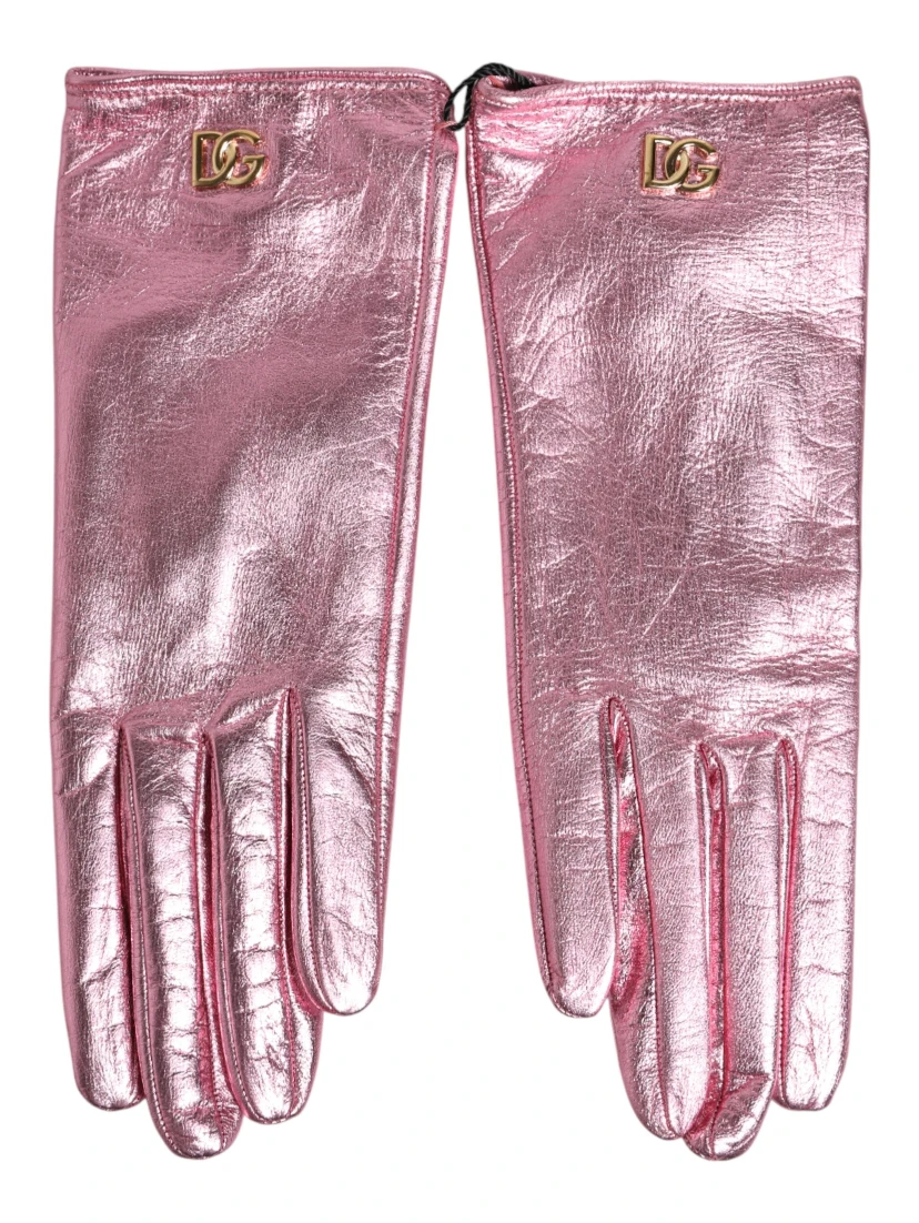 Pink Leather DG Logo Wrist Length Mitten Gloves