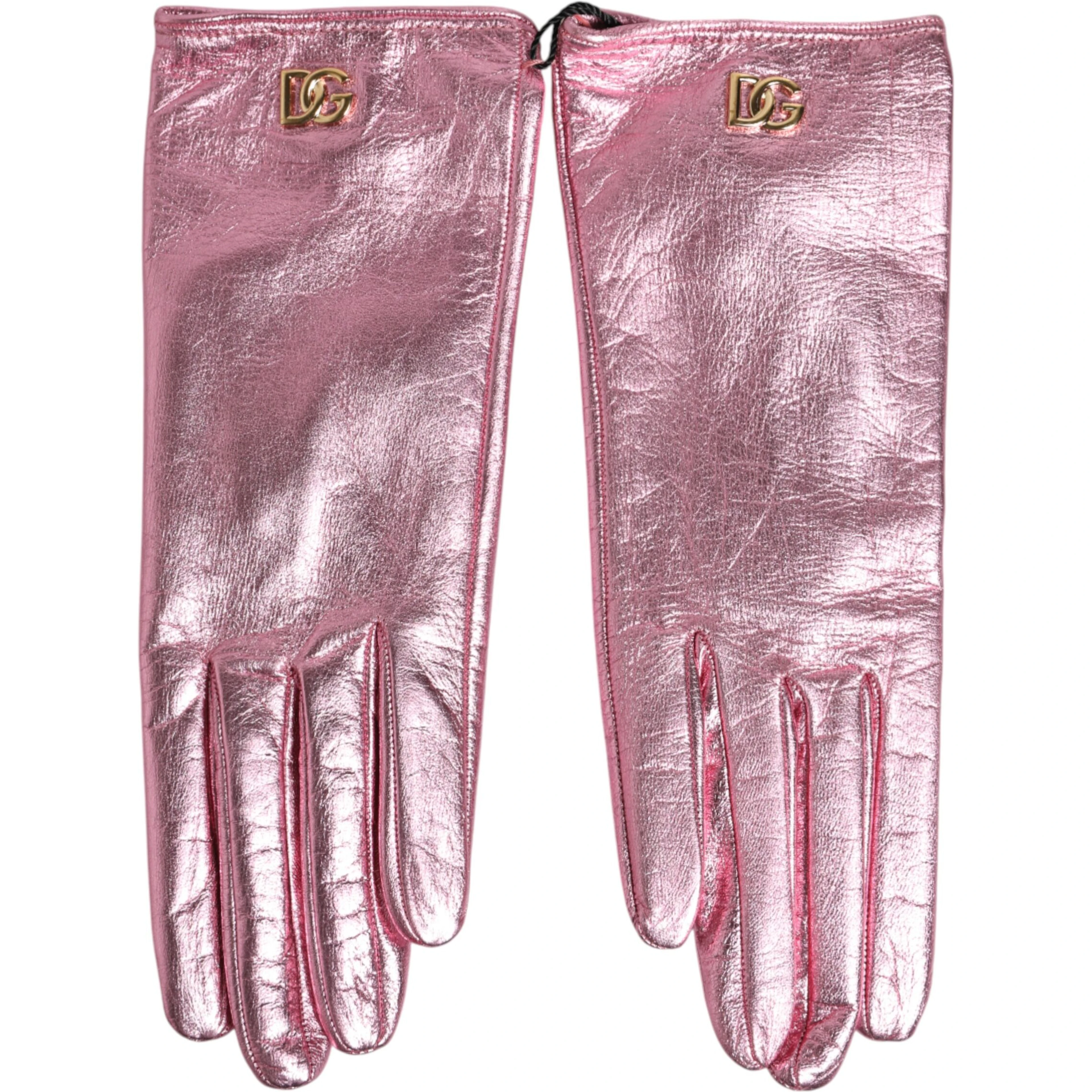 Pink Leather DG Logo Wrist Length Mitten Gloves