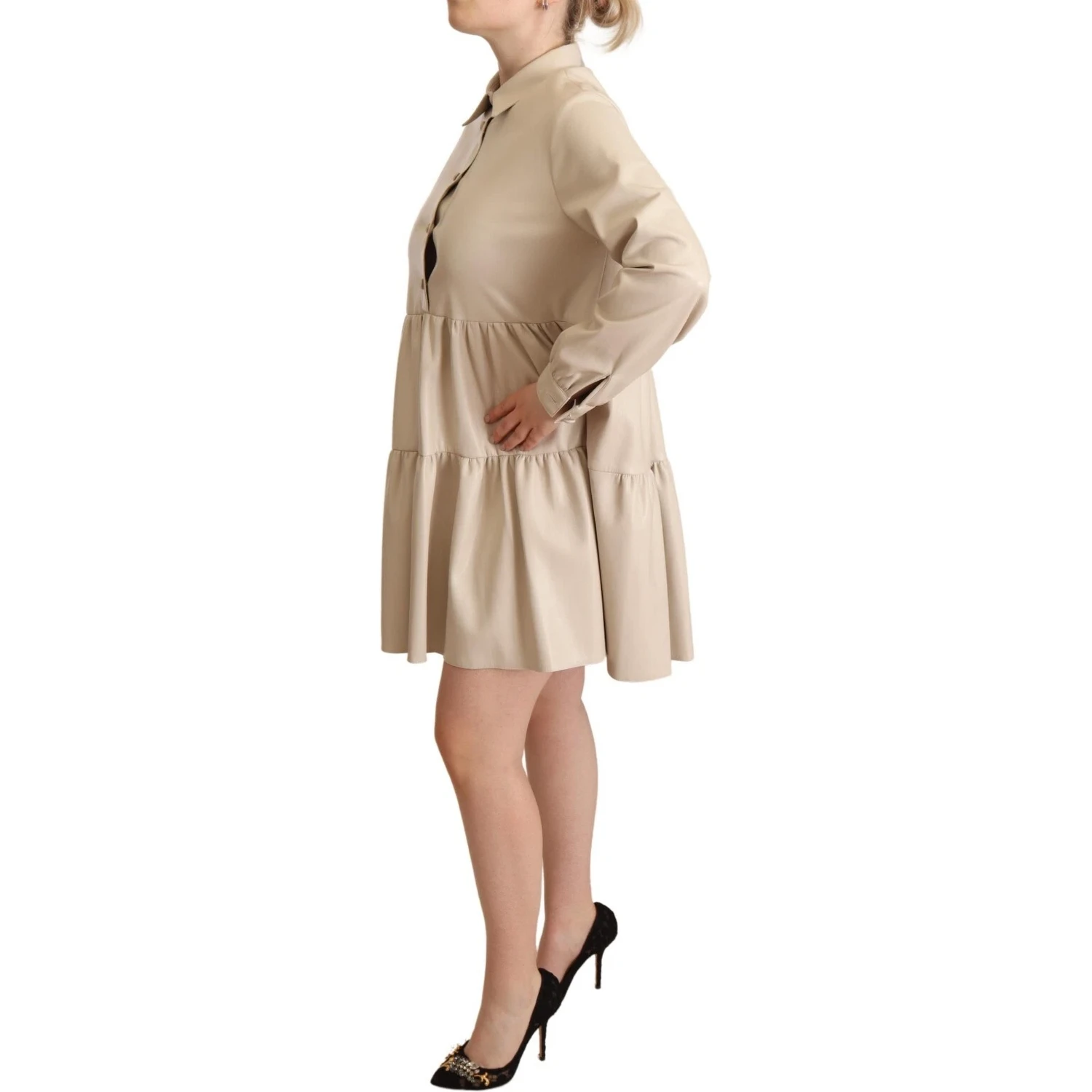 Leather Beige Long Sleeves Collared A-line Mini Dress