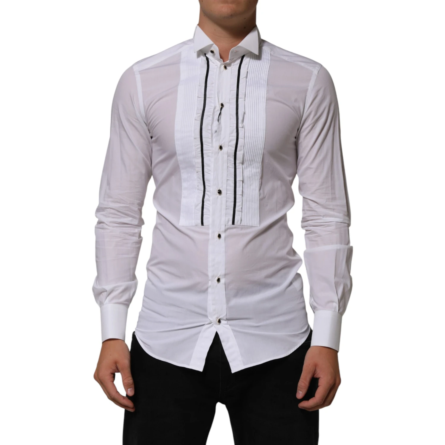 White Cotton Collared Long Sleeve GOLD Dress  Shirt