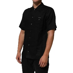Black Linen Collared Short Sleeve Polo Shirt