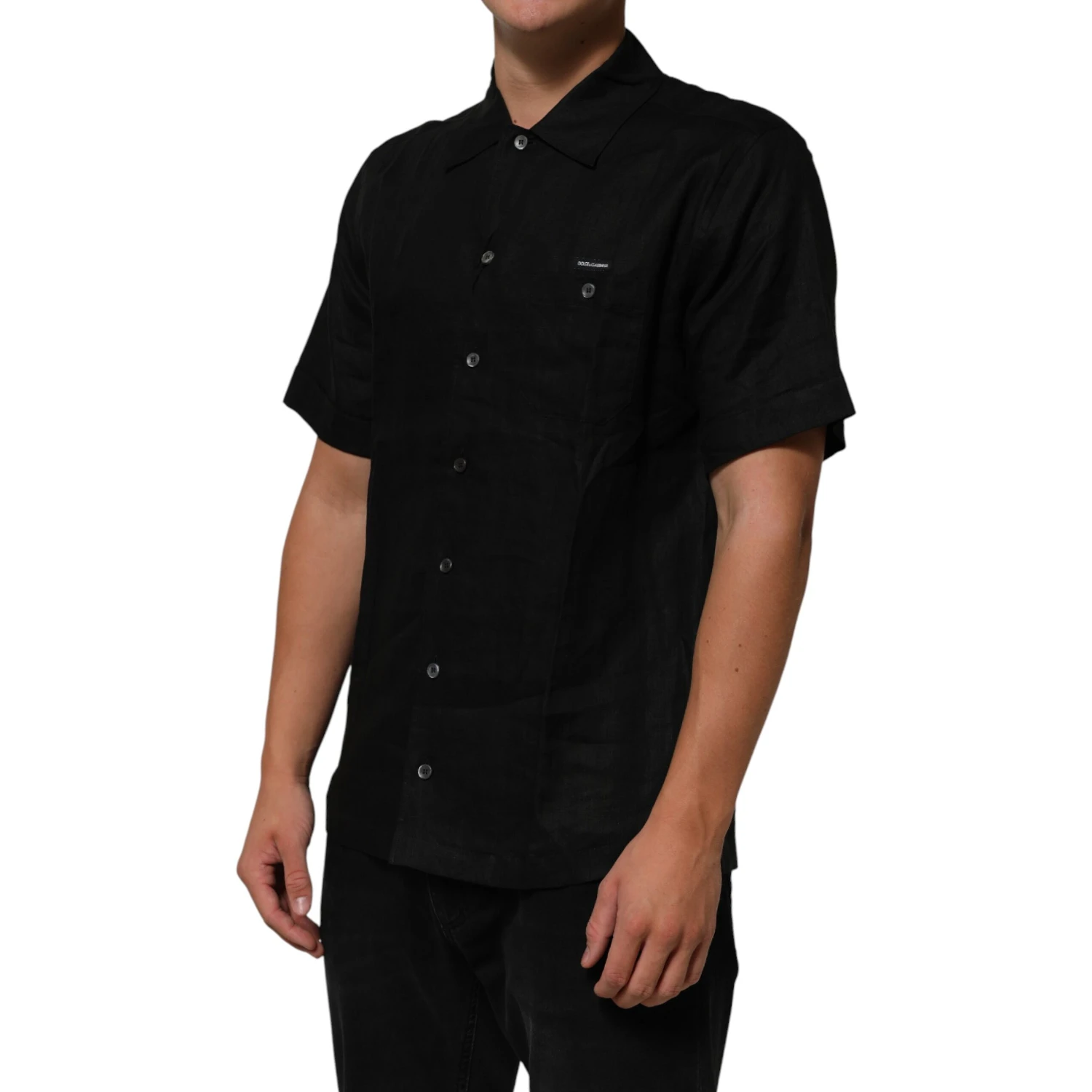 Black Linen Collared Short Sleeve Polo Shirt