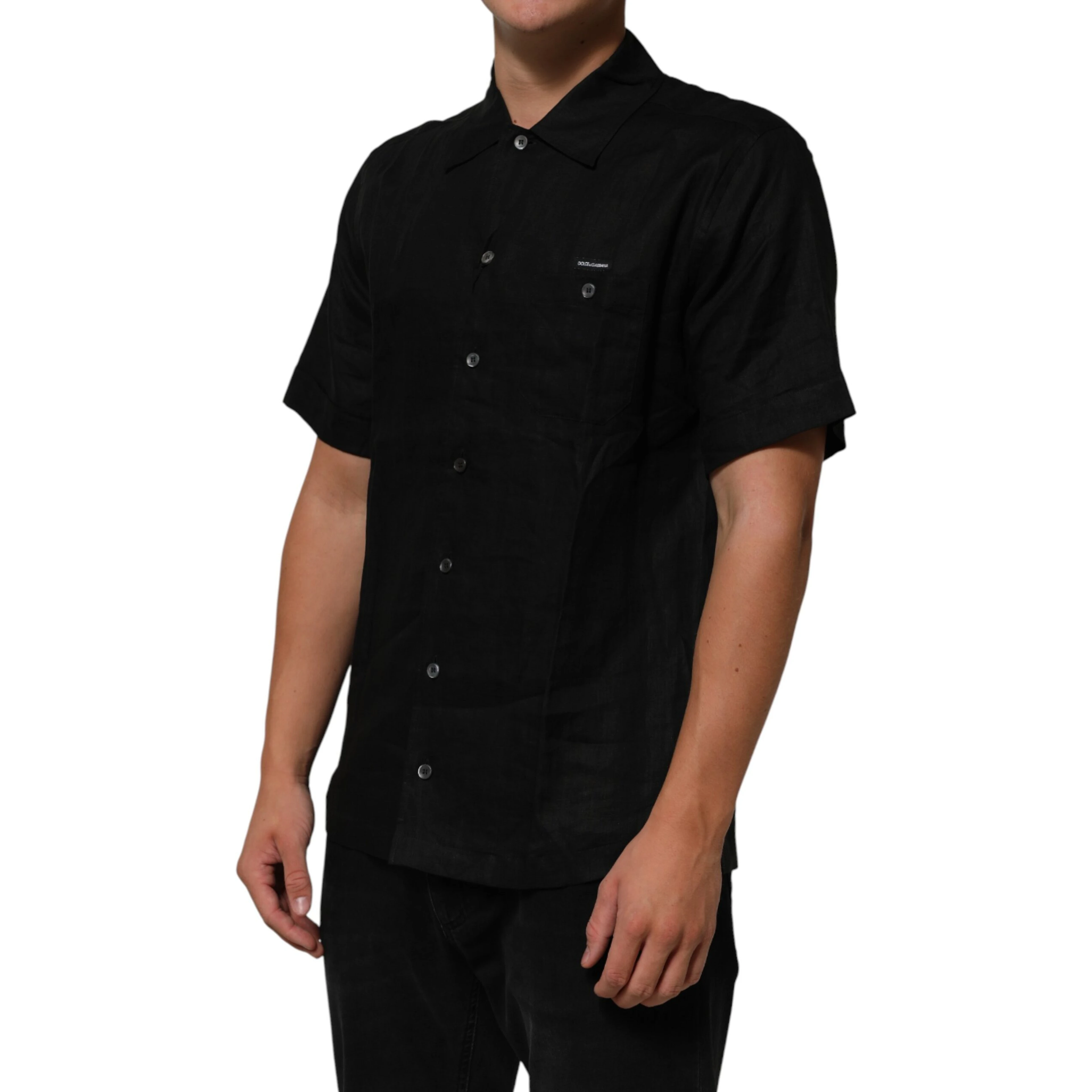 Black Linen Collared Short Sleeve Polo Shirt