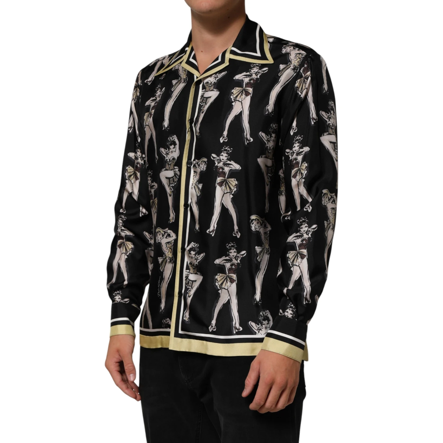 Black Silk Pin Up Printed Button Down Shirt