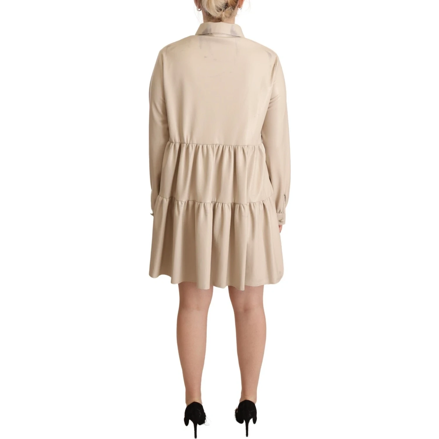 Leather Beige Long Sleeves Collared A-line Mini Dress
