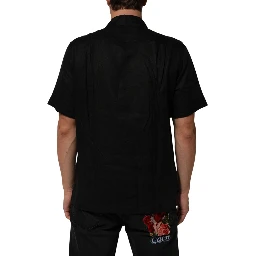 Black Linen Collared Short Sleeve Polo Shirt