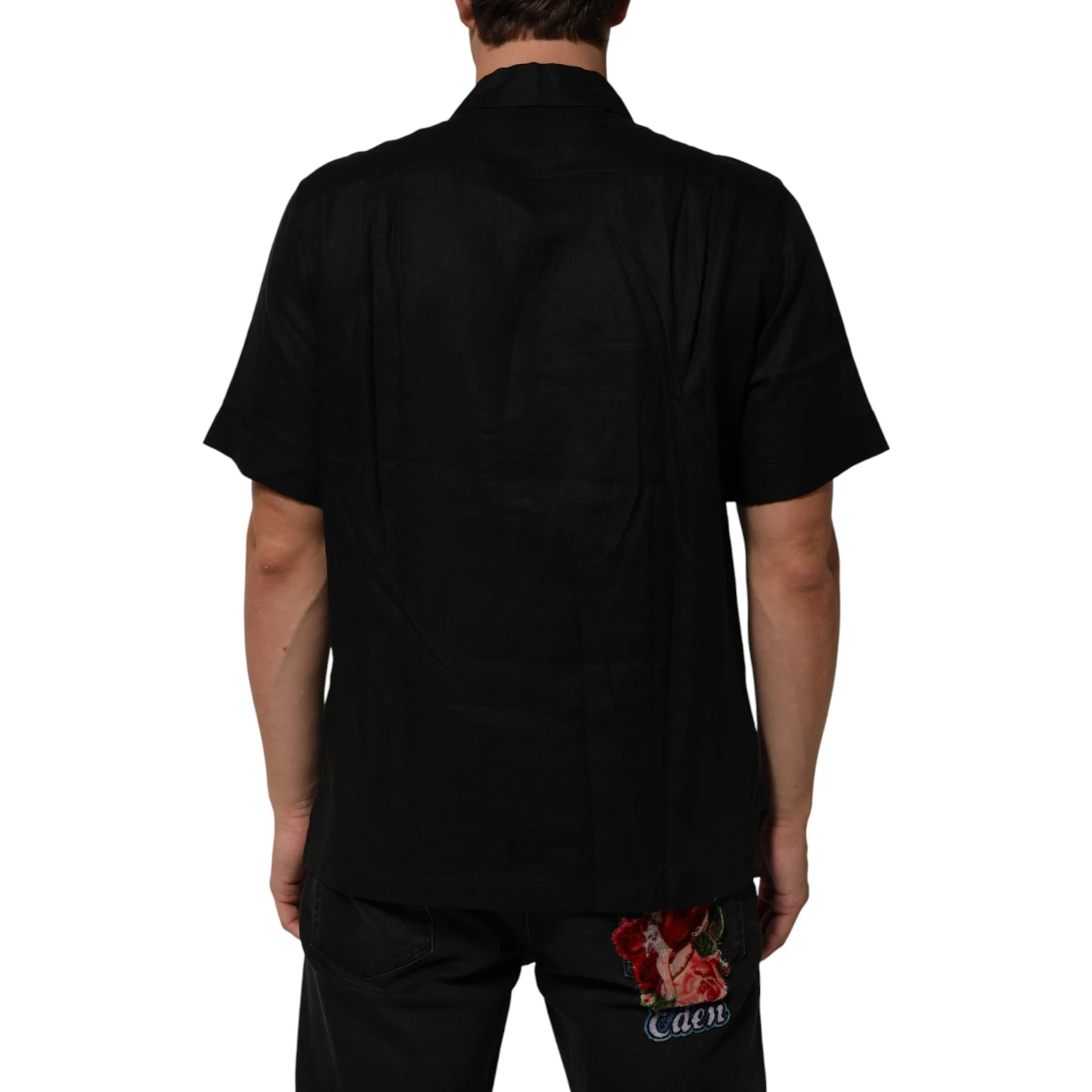 Black Linen Collared Short Sleeve Polo Shirt