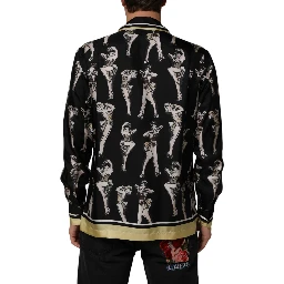 Black Silk Pin Up Printed Button Down Shirt