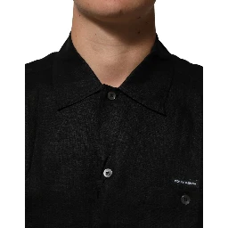 Black Linen Collared Short Sleeve Polo Shirt