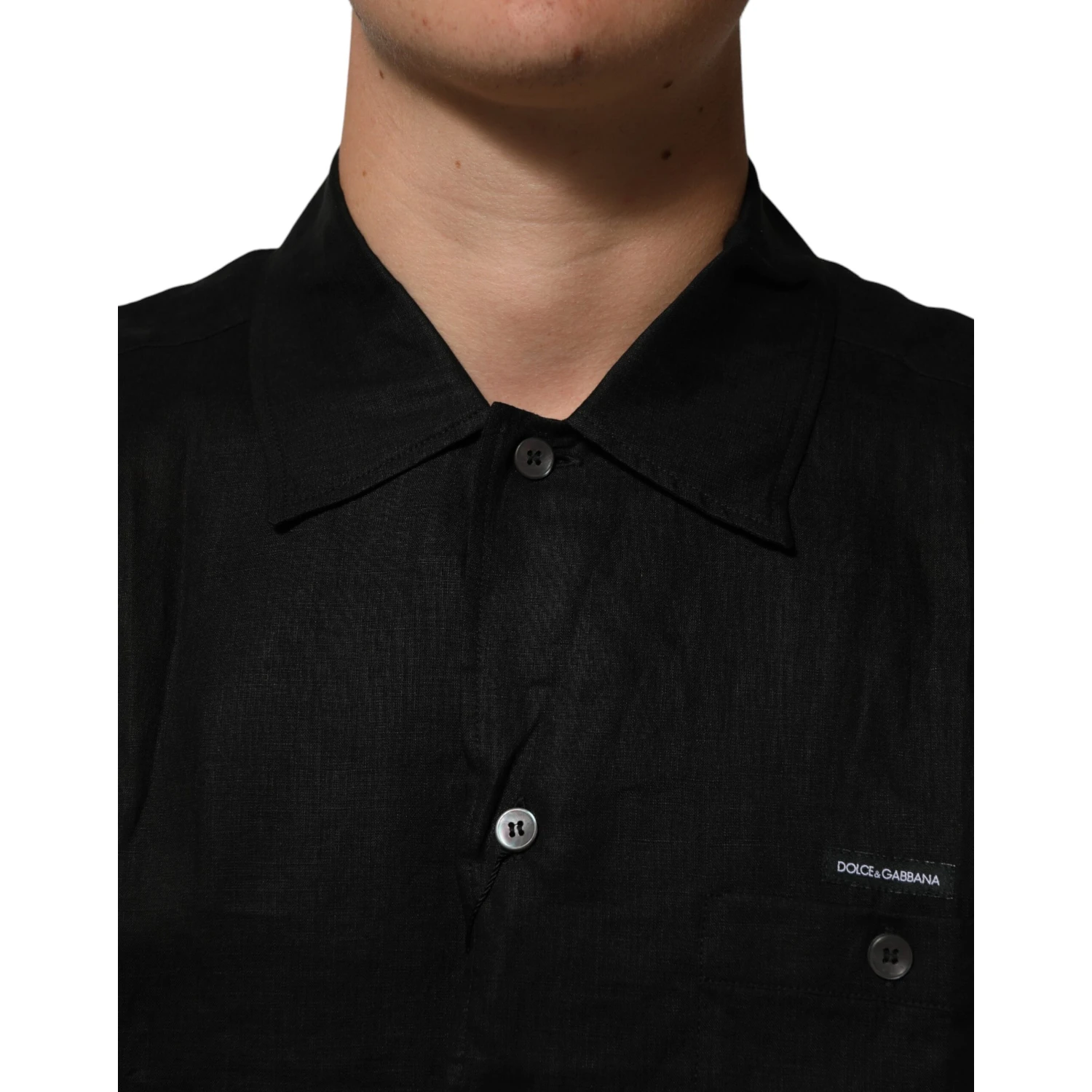 Black Linen Collared Short Sleeve Polo Shirt