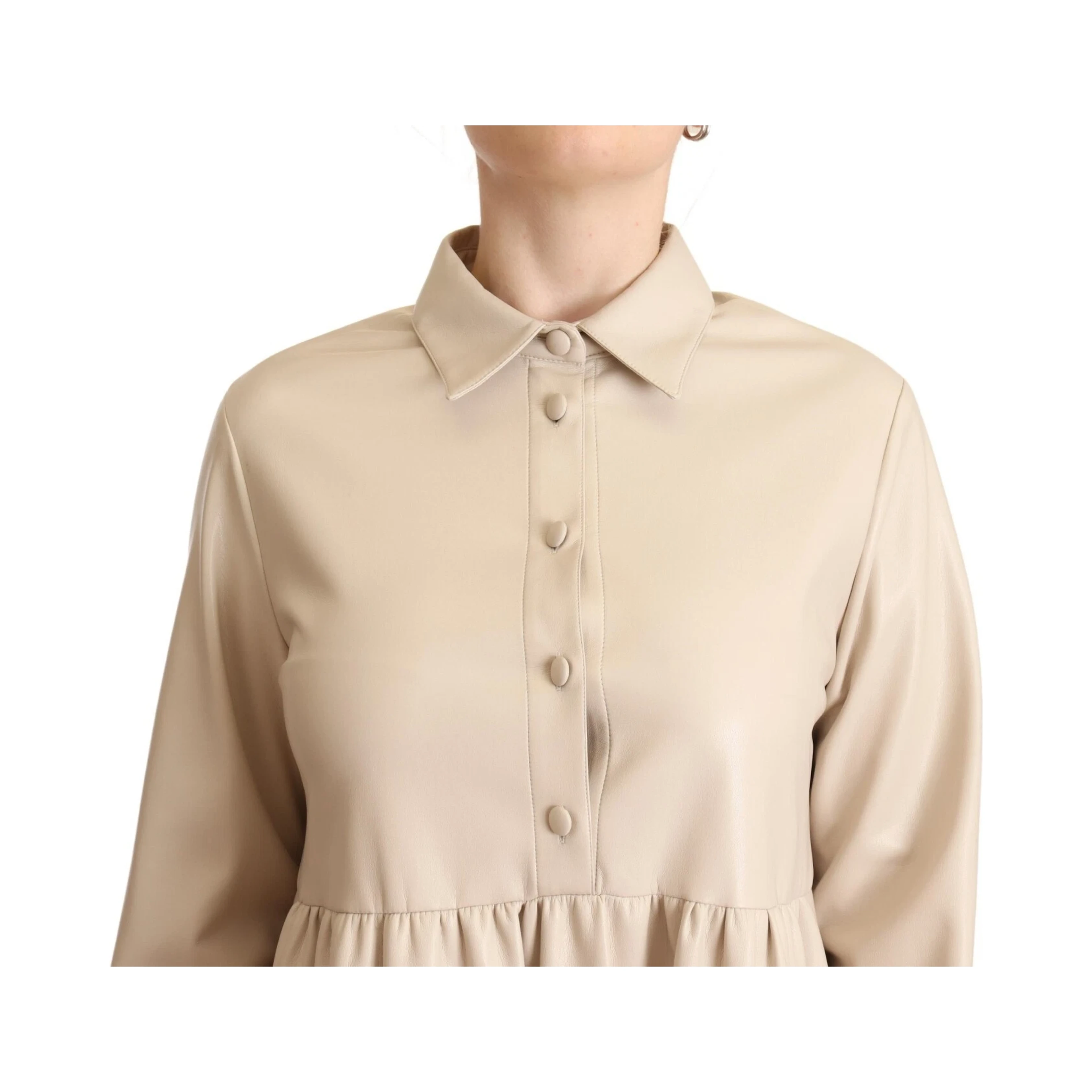 Leather Beige Long Sleeves Collared A-line Mini Dress