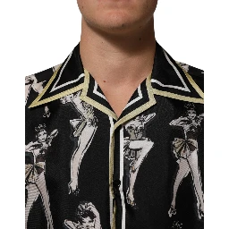 Black Silk Pin Up Printed Button Down Shirt