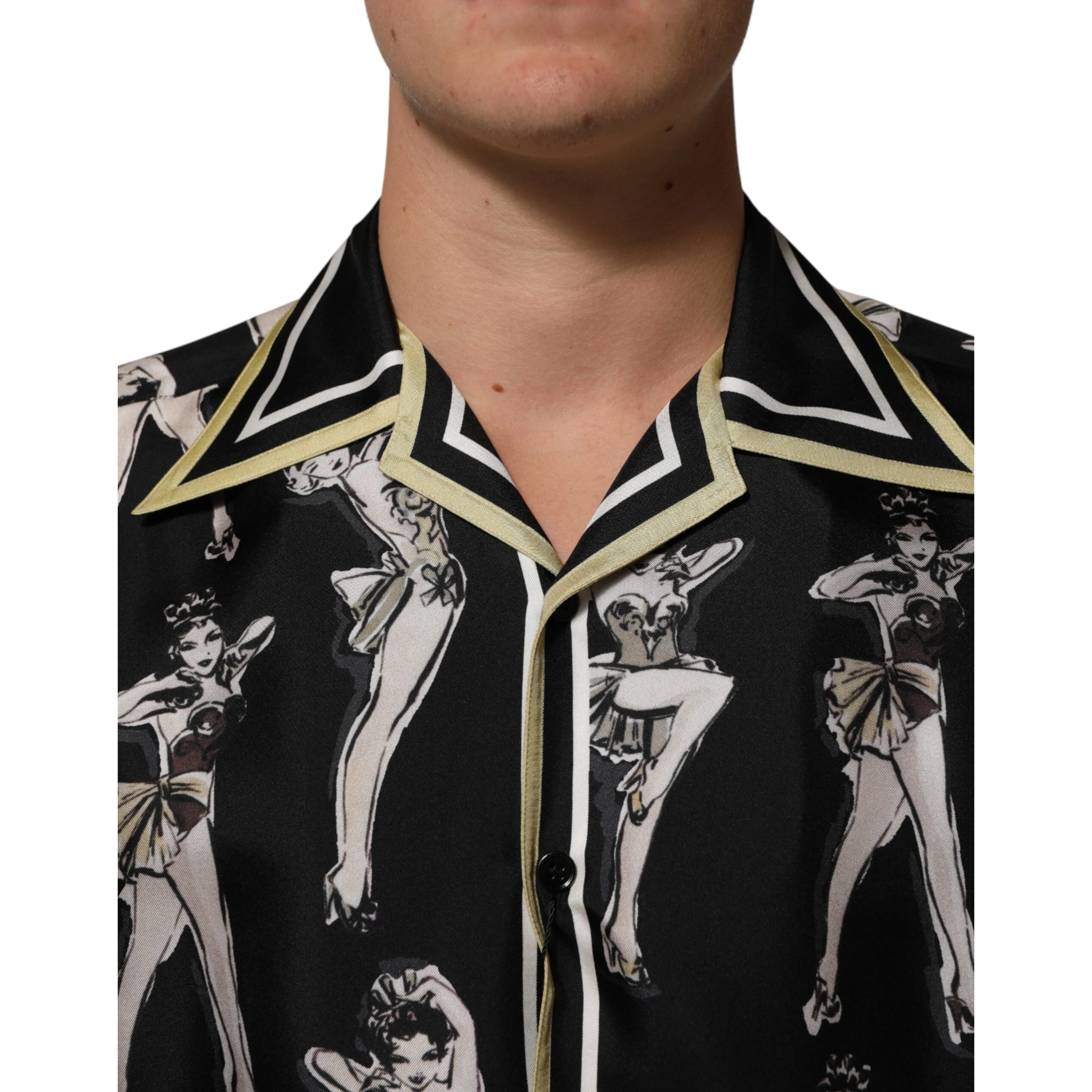Black Silk Pin Up Printed Button Down Shirt
